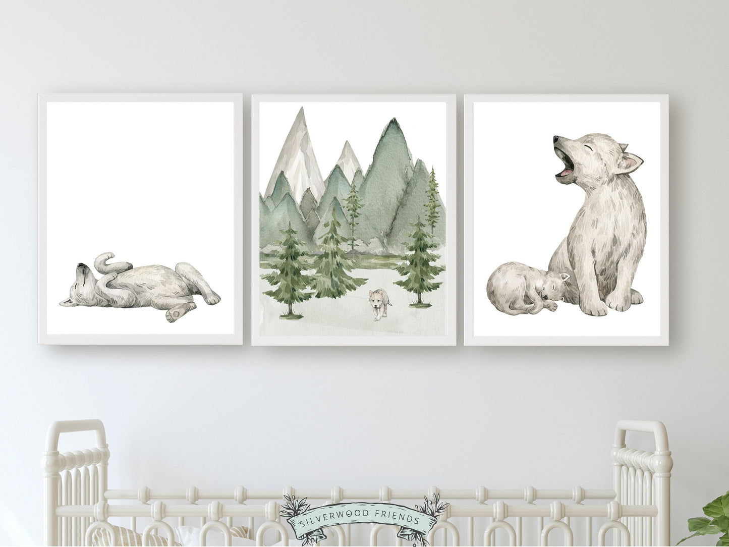 Our cute baby wolf nursery prints featuring watercolour wolves surrounded by woodland forests are the perfect addition to your baby's woodland nursery decor or baby wolf nursery decor.