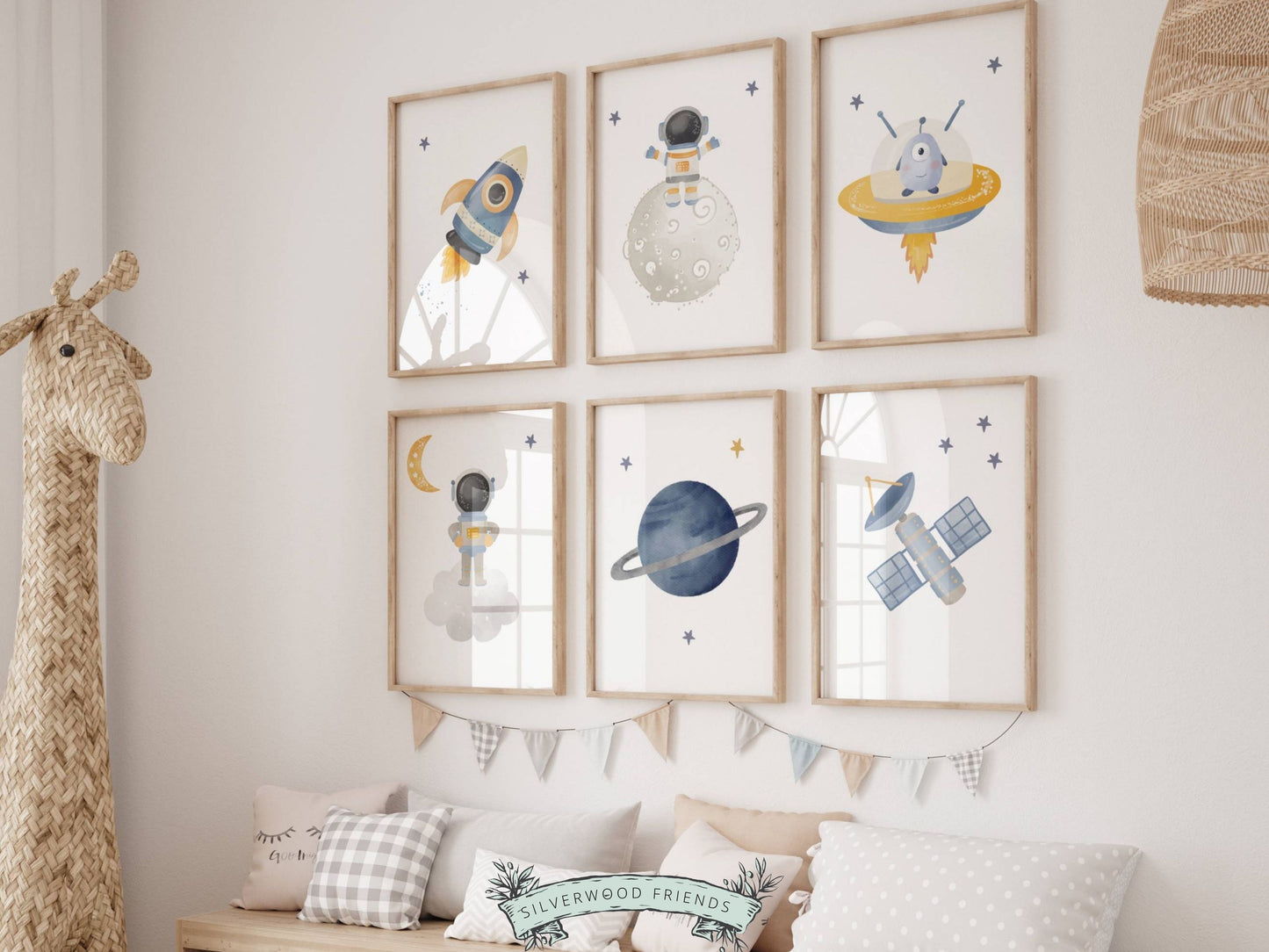 Transform your baby boys nursery decor into a realm of cosmic wonder with our enchanting Set of 6 Baby Boys Outer Space Themed Nursery Prints featuring astronauts, moon, planets, stars, and spaceships, igniting creativity and fostering boundless imagination in your little one.