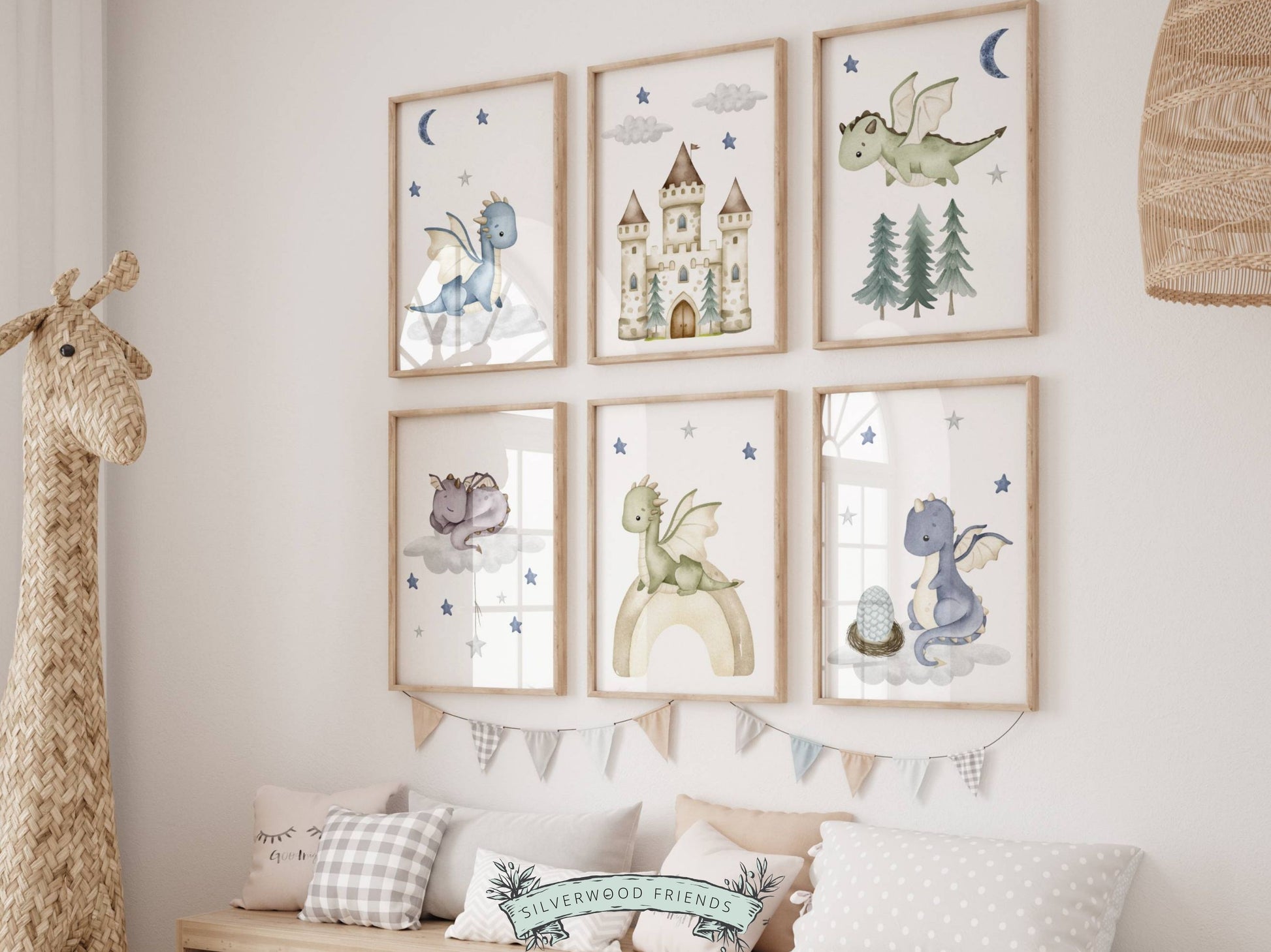 Our Set of 6 Baby Dragon Fantasy Nursery Prints featuring watercolour baby dragons, will spark their imagination and create a calm and cosy atmosphere. It's perfect for your dragon nursery decor or fantasy theme nursery and also makes a thoughtful dragon baby shower gift.