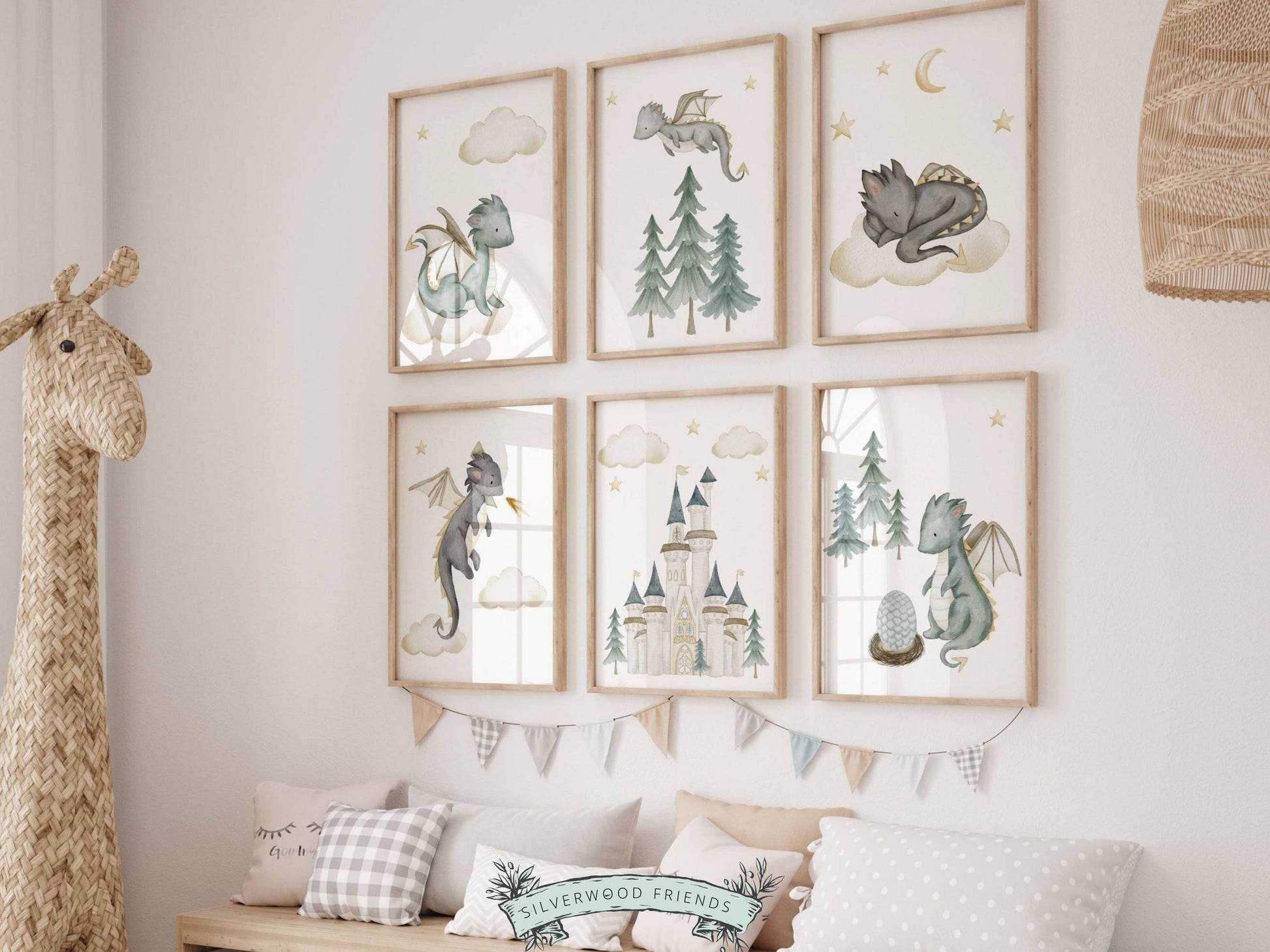 Our Baby Dragon Nursery Prints Set of 6 will spark their imagination and create a calm and cosy atmosphere and is part of or BEST SELLING baby dragon nursery decor collection. 