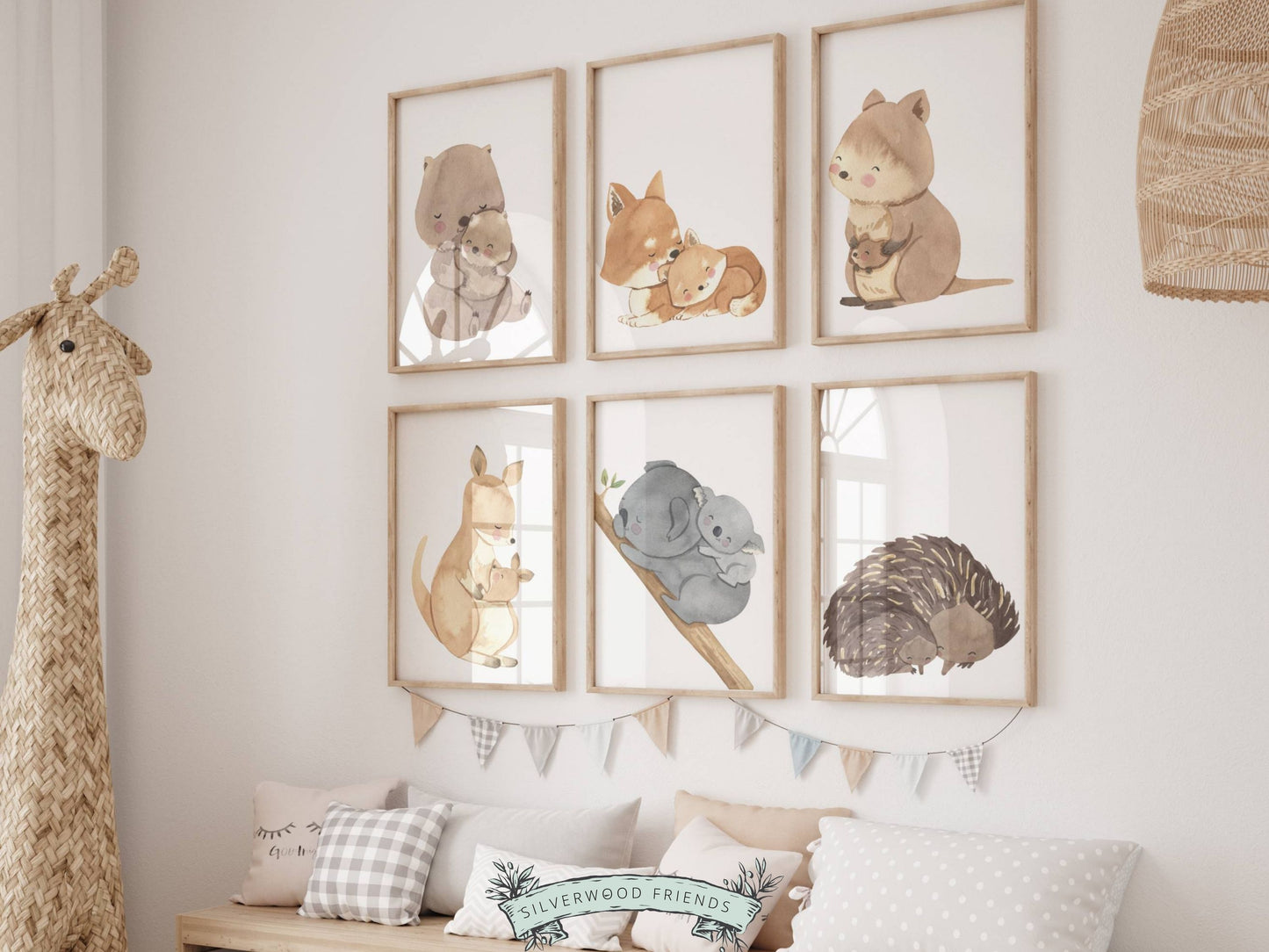 Bring a little bit of the Australian wilderness into your home with our Set of 6 Australian Animal Mother and Baby Nursery Prints featuring a cute and cuddly watercolour Aussie animal mother and baby - featuring the Kangaroo, Koala, Wombat, Quokka, Fox and Echidna.