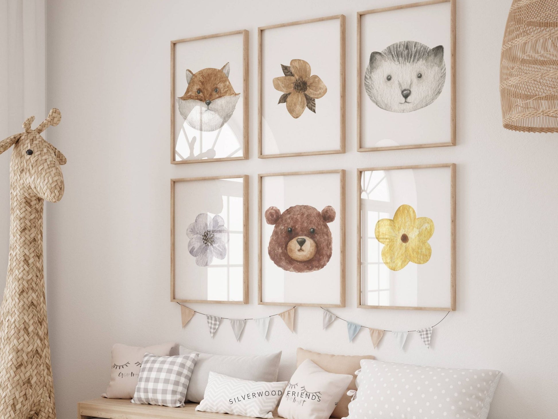 Our watercolour Boho Woodland Nursery Prints featuring woodland animal faces of a fox, wolf and bear with woodland flowers are the perfect addition to your baby's woodland nursery decor or boho baby nursery.