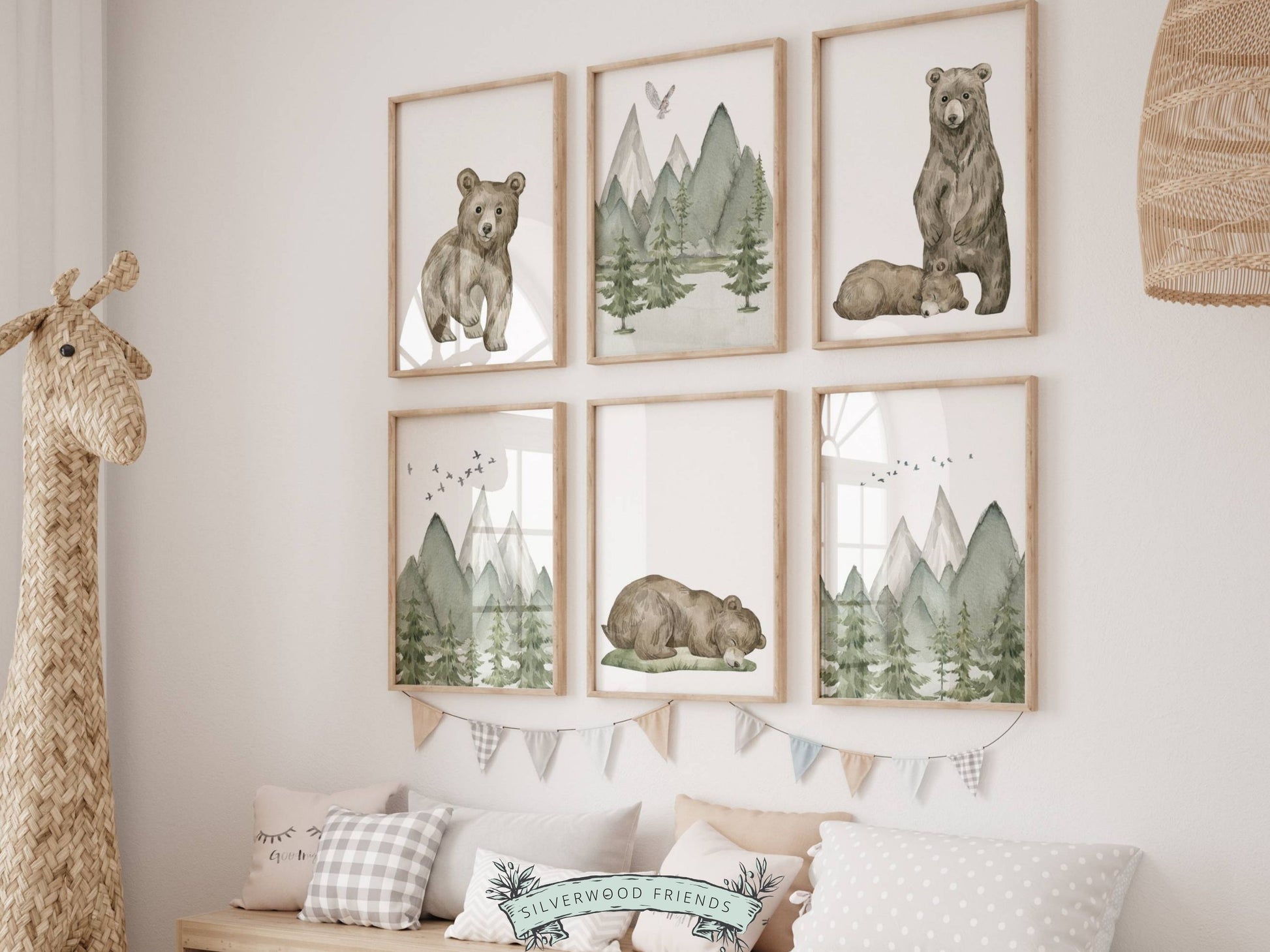 Our cute Baby Bear Nursery Print Set of 6 is part of our BEST SELLING baby bear nursery wall art collection and the perfect addition to your baby's woodland nursery decor or as a unique woodland baby shower gift.