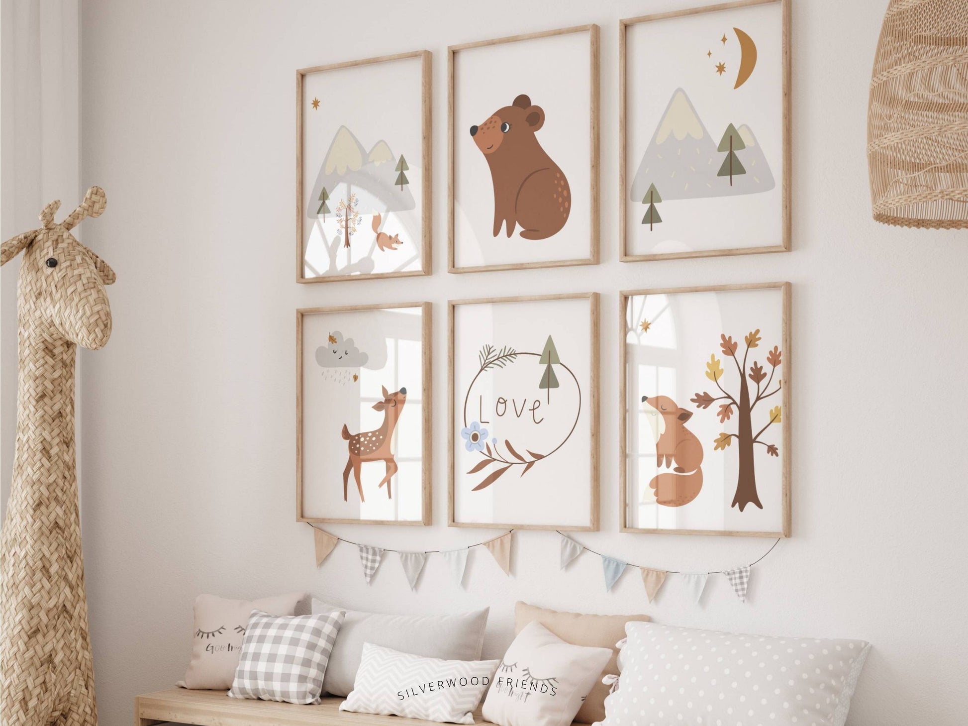 Transform your baby's woodland nursery or boho baby nursery with our charming Boho Woodland Nursery Print Set of 6, showcasing a delightful bear, fox, and deer amidst serene mountains and autumn forest scenery.