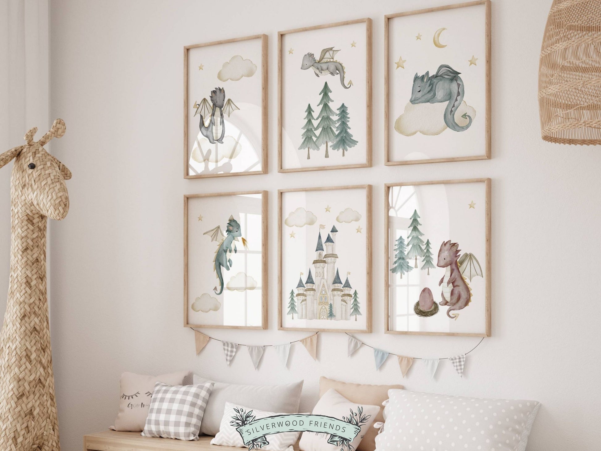 Our Set of 6 Baby Dragon Nursery Prints featuring adorable watercolour baby dragons, will spark their imagination and create a calm and cosy atmosphere and is perfect for your dragon nursery decor.