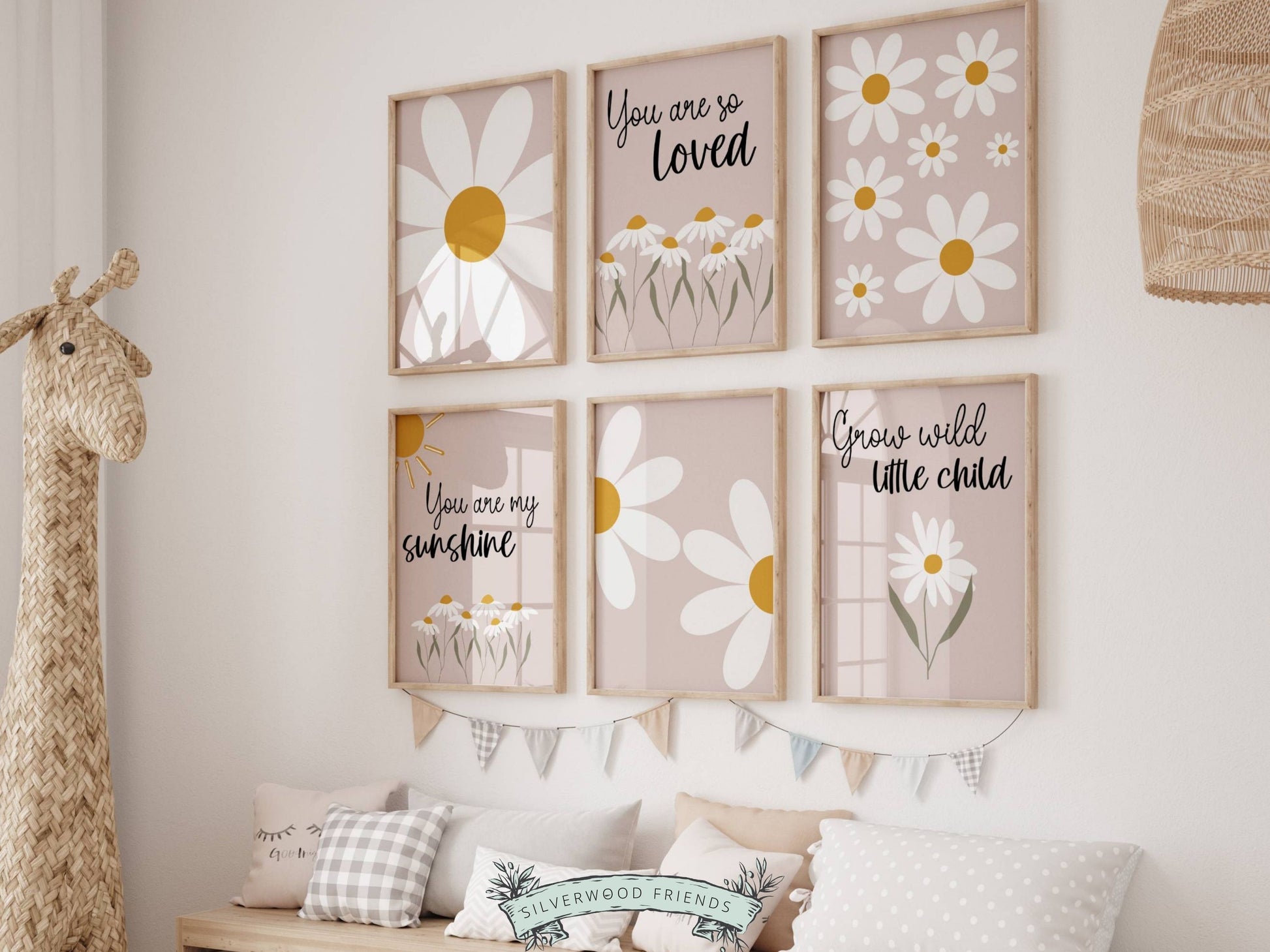 Add a touch of delicate charm to your baby girl's nursery decor or surprise a loved one with a unique daisy themed baby shower gift, with our Set of 6 Pink Daisy Nursery Print Set.