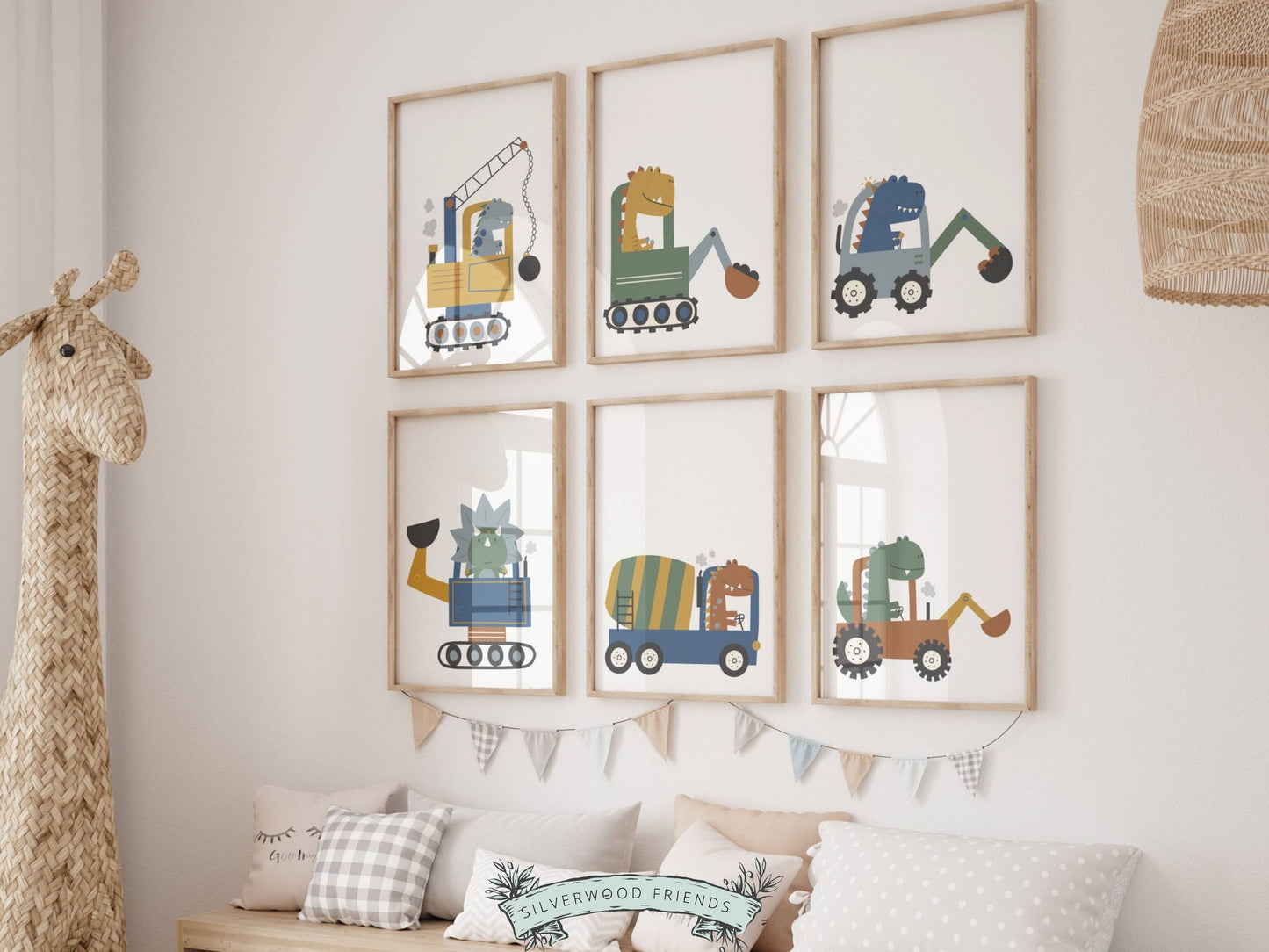 Our delightful Baby Boys Dinosaur Theme Nursery Print Set of 6 features dinosaurs on wheels - the perfect addition to any dinosaur lovers baby boy's nursery decor! Each print showcases a different prehistoric creature driving a different type of digger truck and is perfect for your dinosaur theme nursery or transport theme nursery.