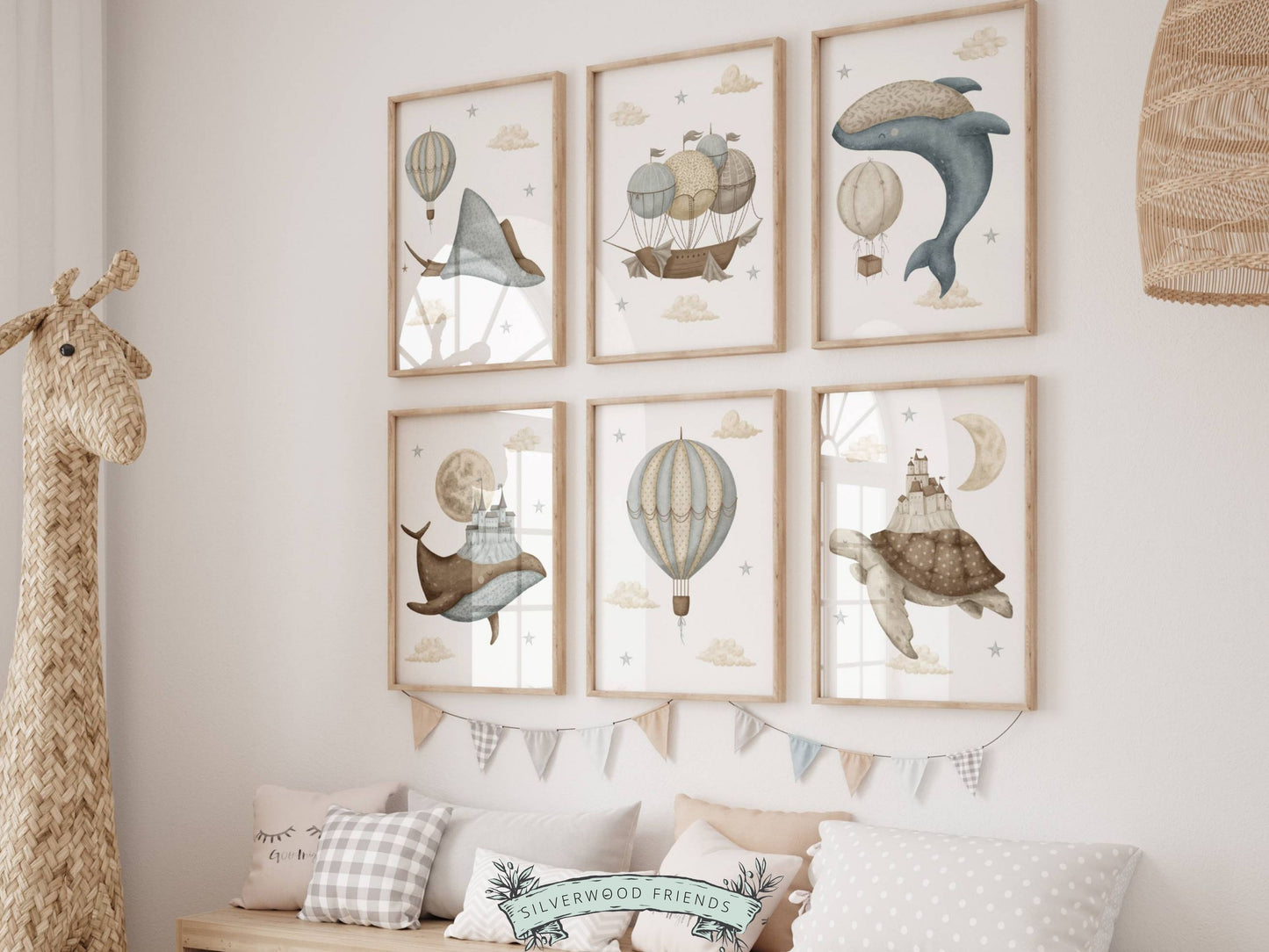 Sea Life Air Balloon Nursery Prints Set of 6