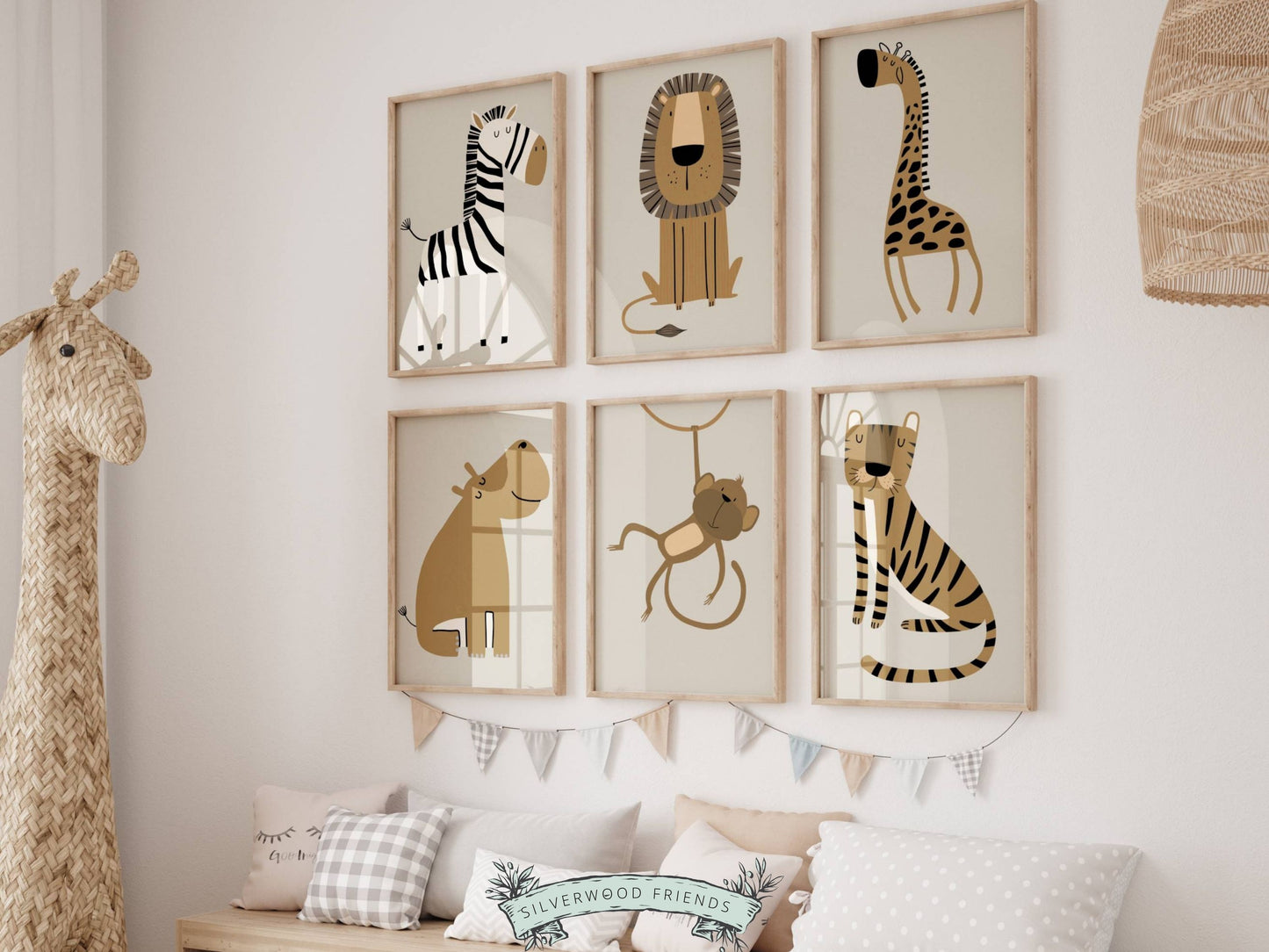 Our Beige Safari Animal Nursery Prints with jungle animals zebra, lion, giraffe, hippo, monkey and tiger is set on a beige background and perfect for your jungle nursery decor or as a gender neutral baby shower gift.