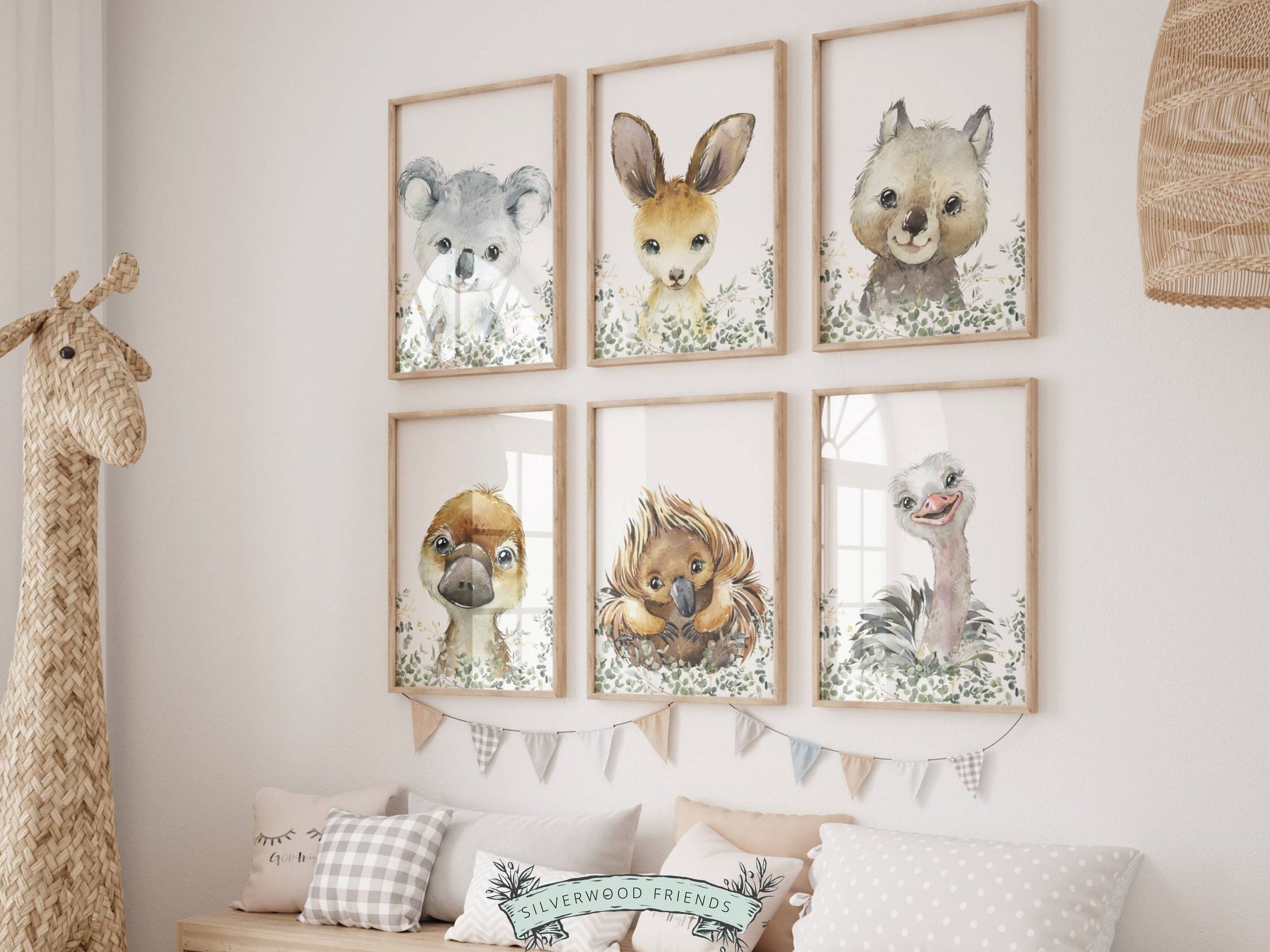 Bring a little bit of the Australian wilderness into your home with our Set of 6 Australian Animals and Eucalyptus Nursery Prints featuring a cute and cuddly watercolour Aussie animal - Baby Kangaroo, Koala, Wombat, Platypus, Emu and Echidna surrounded by beautiful Australian eucalyptus branches.