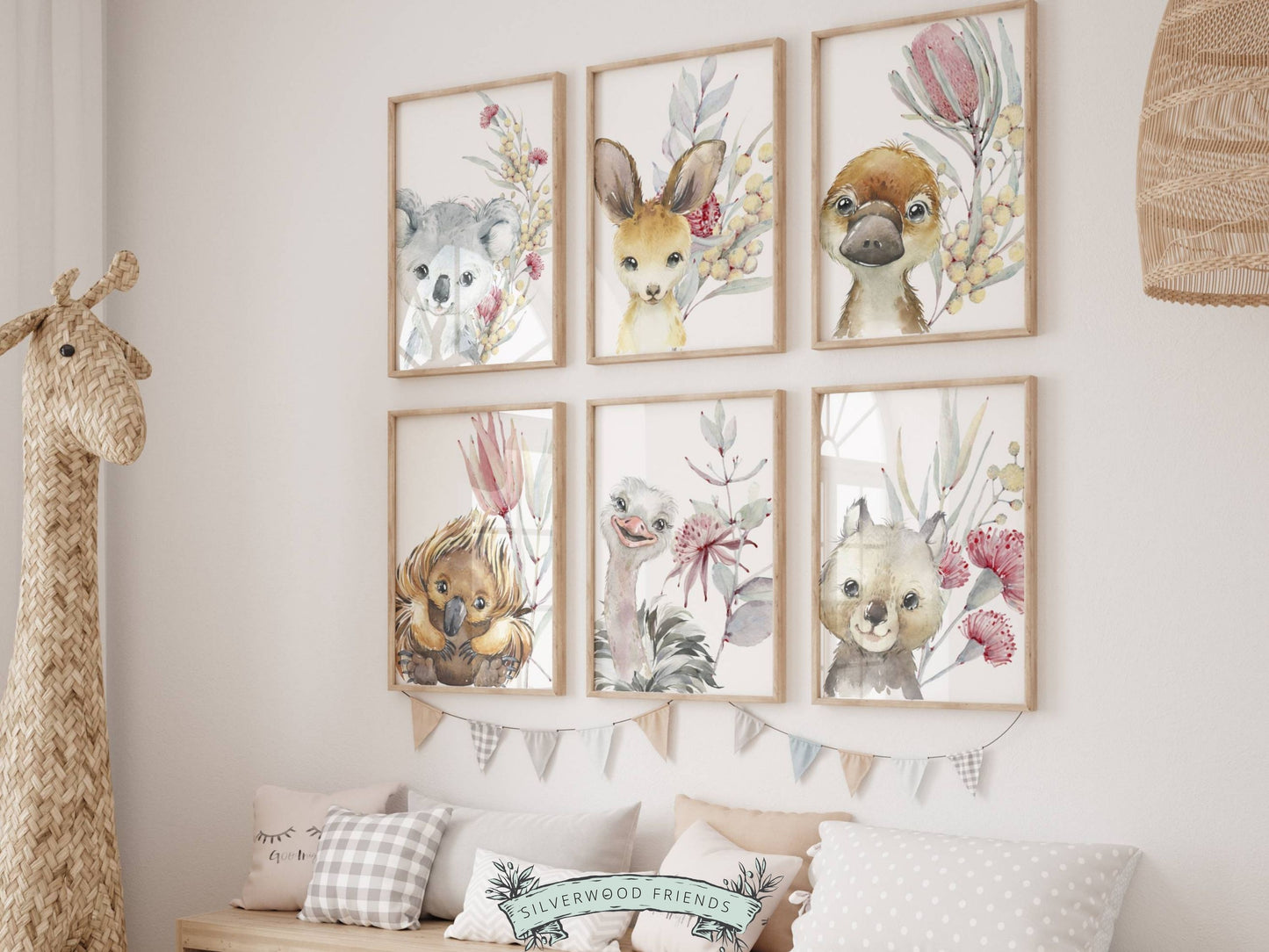 Bring a little bit of the Australian wilderness into your home with this Set of 6 Australian Animal Nursery Prints featuring a cute and cuddly Aussie animal - Baby Kangaroo, Koala, Wombat, Platypus, Emu and Echidna surrounded by beautiful Australian native flowers.