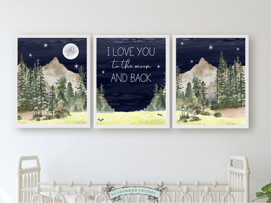 Create a calm and cosy space for your little one with our enchanting Set of 3 Mountain Theme Nursery Prints, featuring watercolour mountain and forest landscape with full moon and stars and the quote I love you to the moon and back.