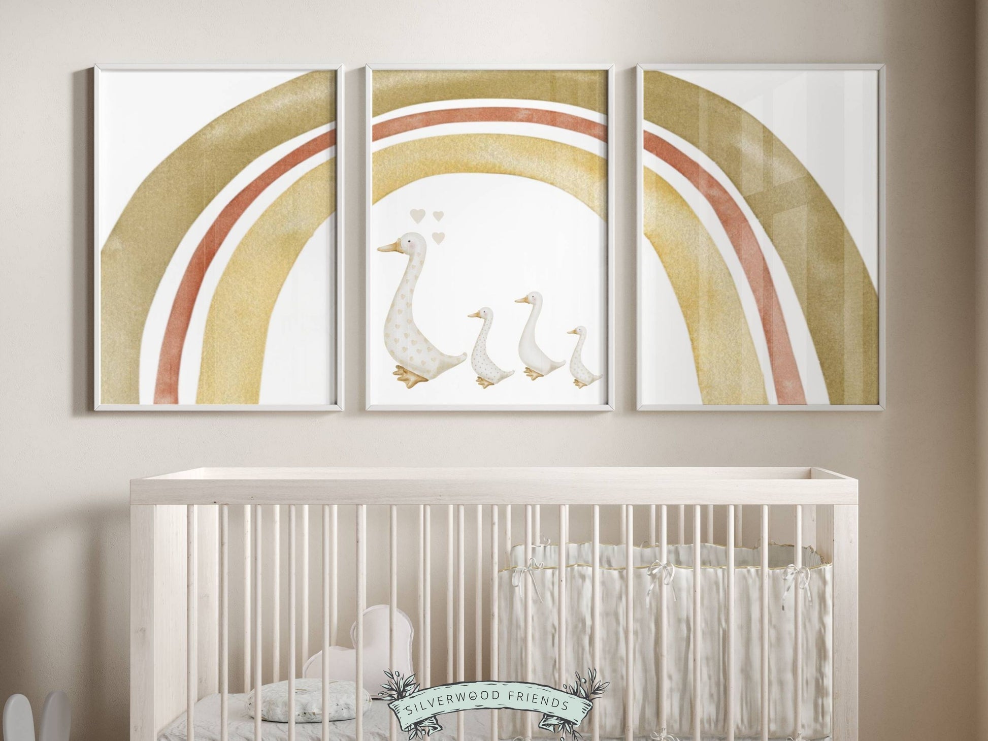 Our gorgeous baby duck nursery prints with watercolour rainbow, duck and ducklings, is the perfect nursery print set for your boho nursery decor, as a unique gender neutral baby shower gift.