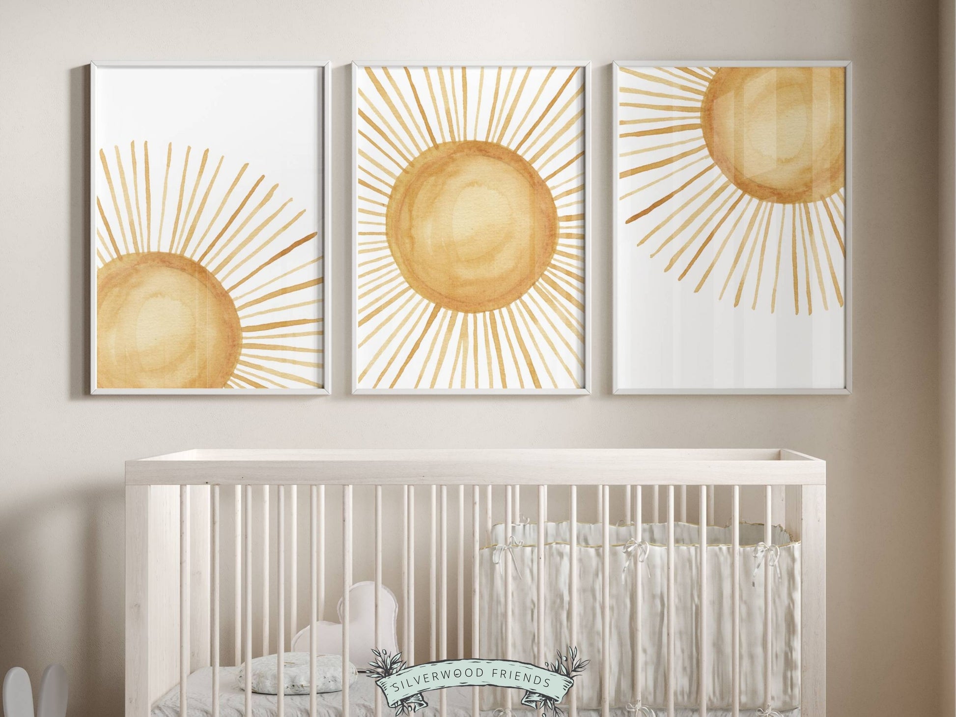 Add a touch of celestial charm to your boho nursery decor with our enchanting Set of 3 Boho Sun Nursery Prints, showcasing a watercolour rising sun, full sun, and sunset, designed to bring a gender-neutral and captivating ambiance to your little one's space.