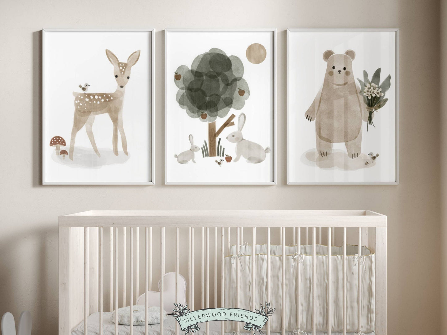 Our Set of 3 Boho Woodland Animal Nursery Prints featuring adorable watercolour woodland animals and boho elements, will instantly transform your boho nursery decor and is perfect as a new baby gift for a woodland baby shower or boho baby shower gift.