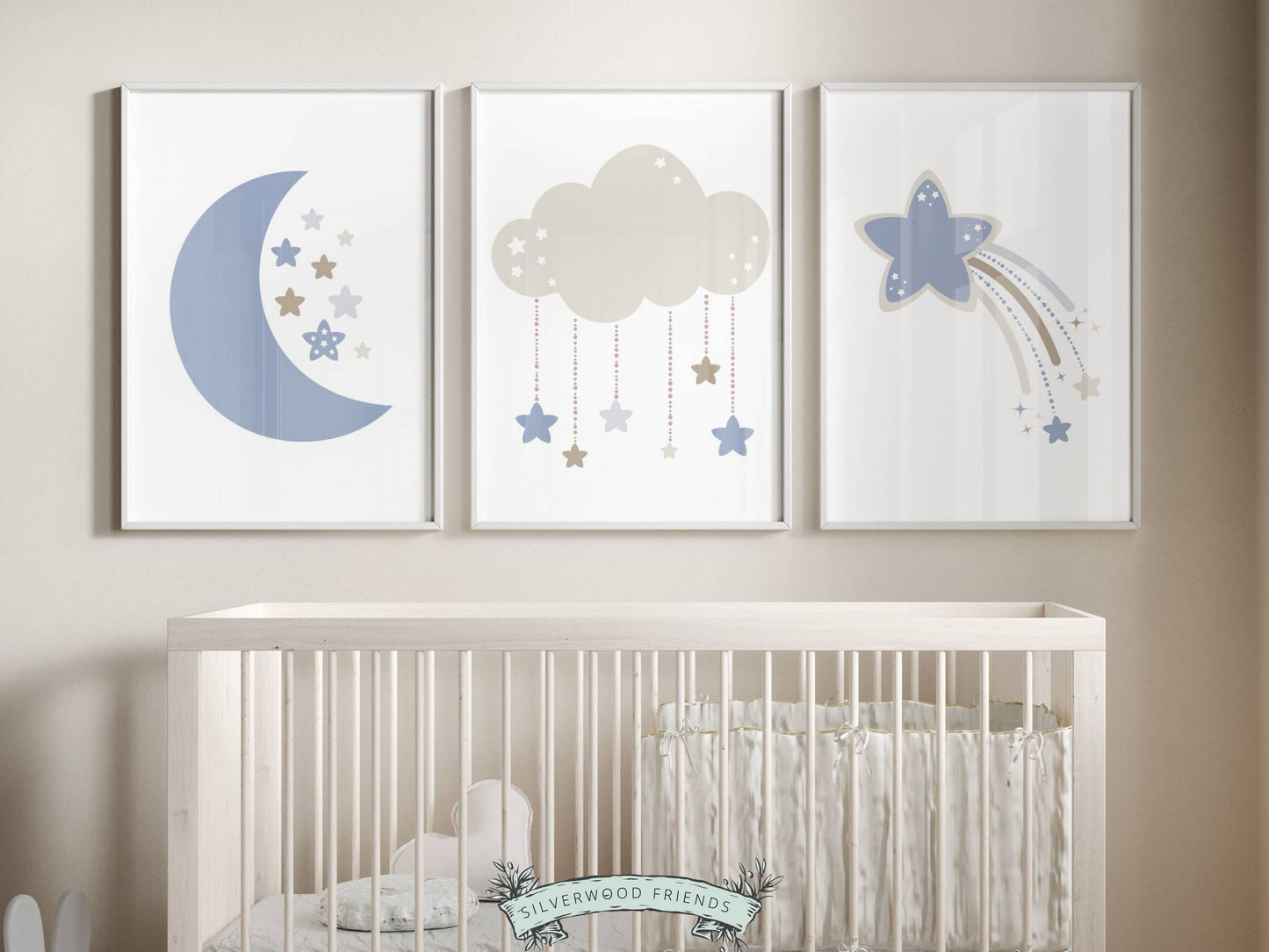 Our Cloud Moon Star Nursery Prints, featuring a moon, cloud and shooting stars will create a harmonious and dreamy atmosphere in your baby's nursery and also makes the perfect gender neutral baby shower gift.