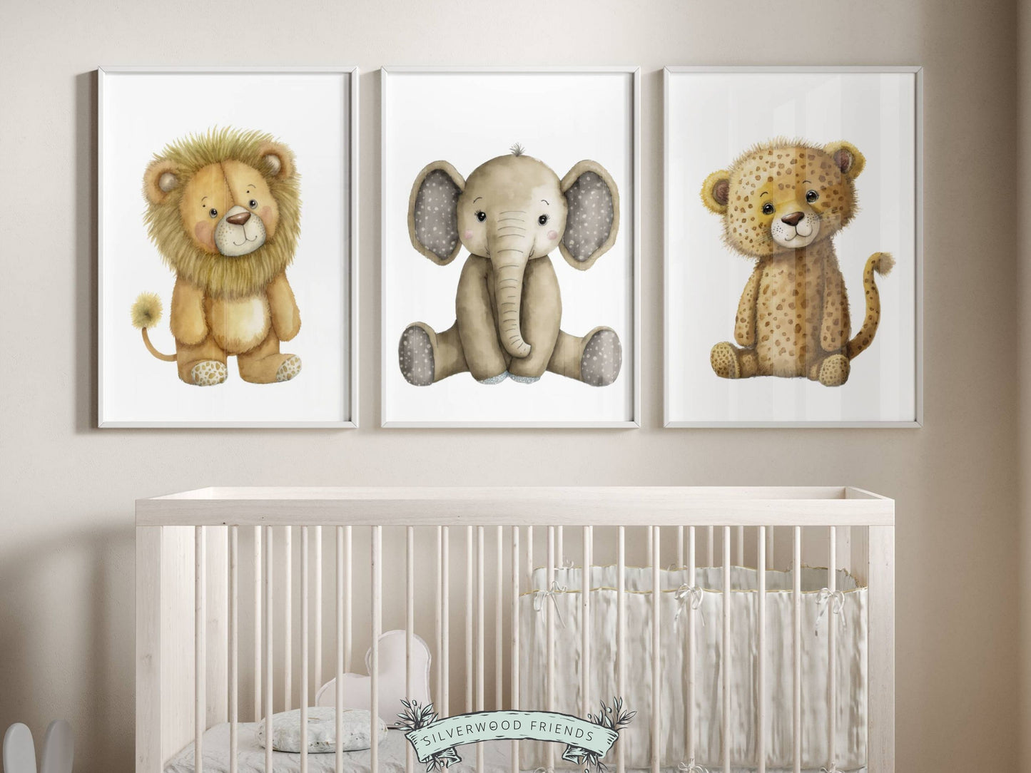 Our delightful Set of 3 Baby Safari Animal Nursery Prints, showcases adorable watercolour boho safari animals including lion, elephant and cheetah, creating the perfect addition to your safari nursery or jungle-themed nursery decor.