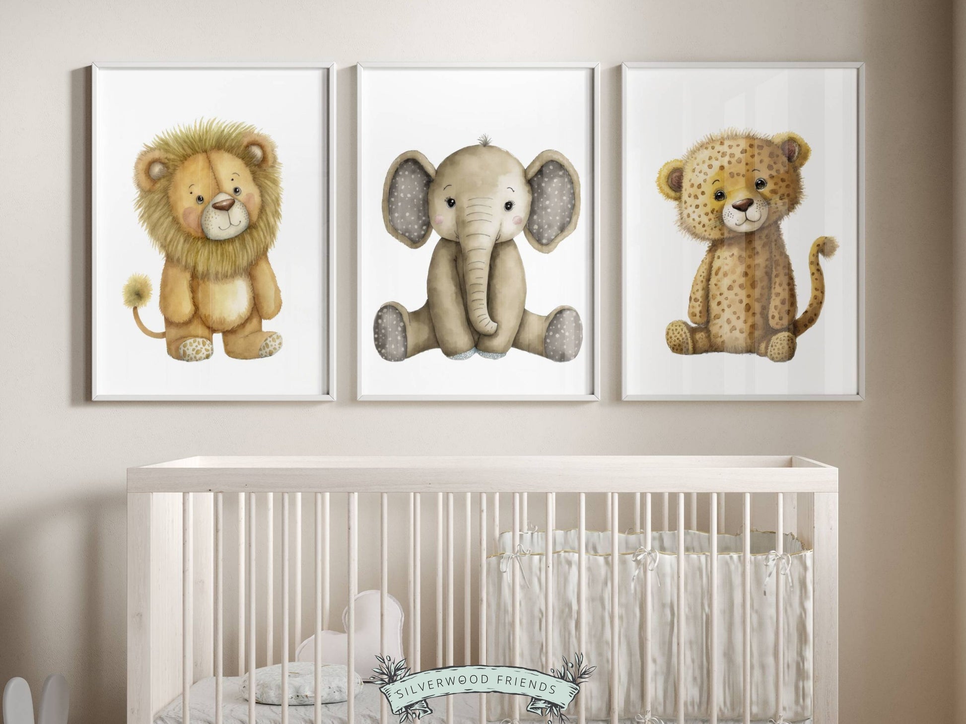 Our delightful Set of 3 Baby Safari Animal Nursery Prints, showcases adorable watercolour boho safari animals including lion, elephant and cheetah, creating the perfect addition to your safari nursery or jungle-themed nursery decor.