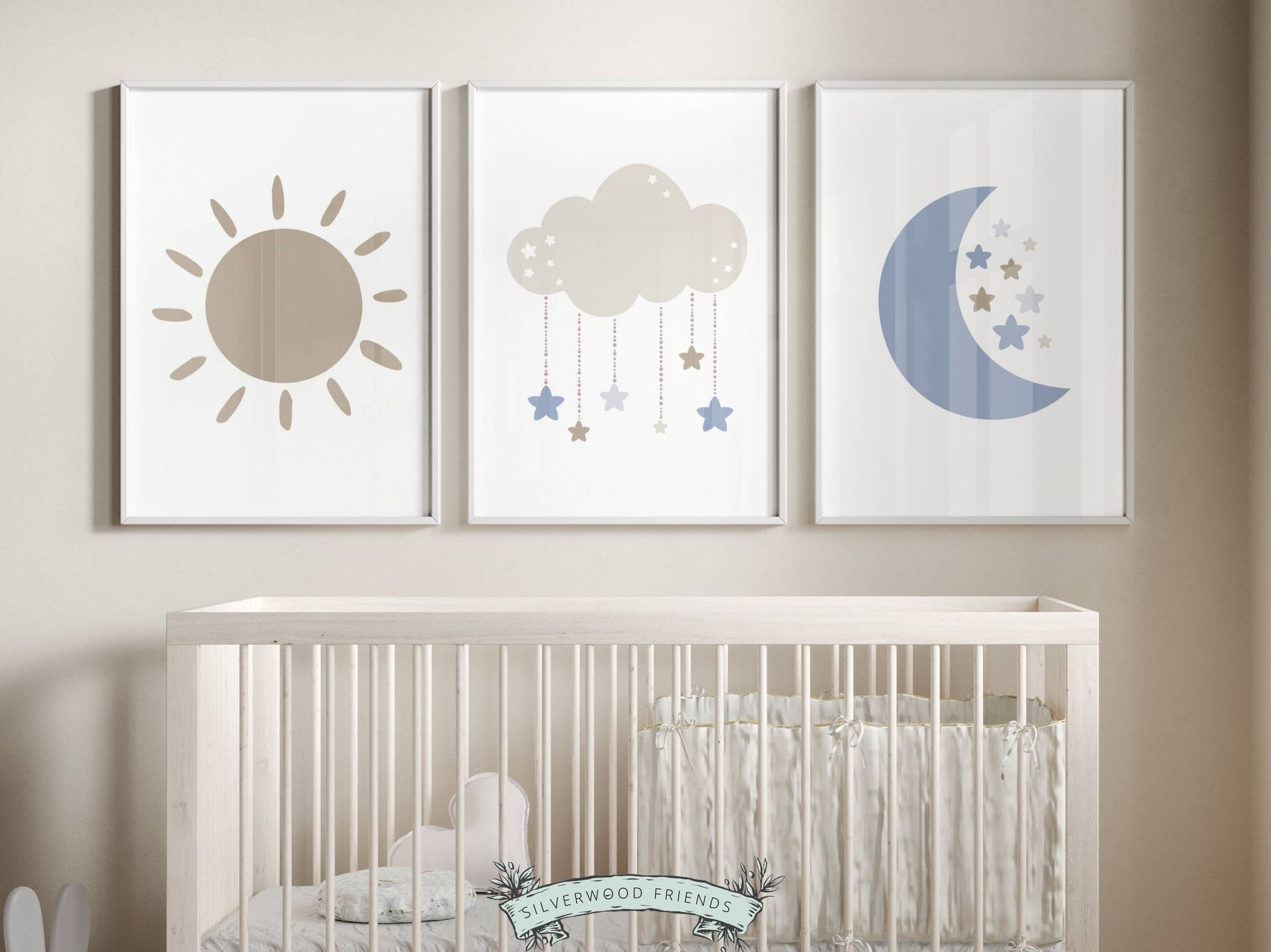 Our Cloud Moon Sun Nursery Prints, features a sun, moon, cloud and stars and will create a harmonious and dreamy atmosphere in your little one's nursery and also makes the perfect gender neutral baby shower gift.