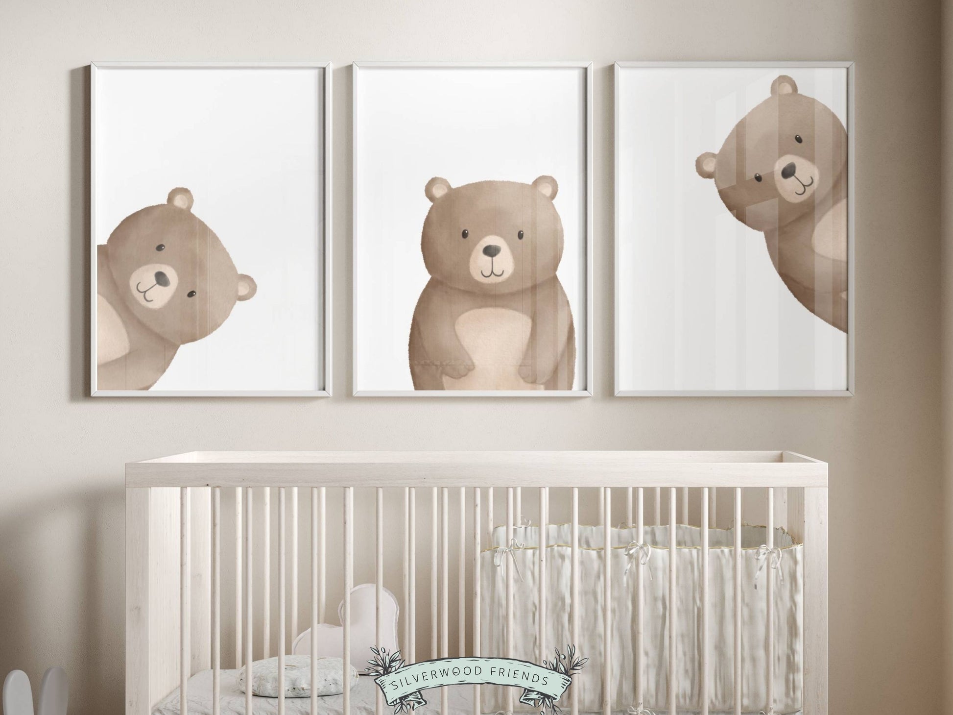 This delightful minimalist Peeking Bear Nursery Print Set of 3 features adorable peeking brown bears. It's perfect for your bear nursery decor or woodland nursery and also makes a delightful baby shower gift.
