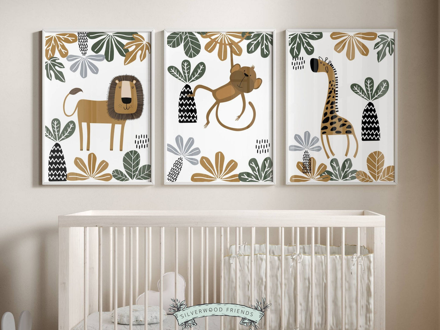 Our Boho Safari Jungle Prints with jungle animals lion, monkey and giraffe is set on a white background with tropical leaves frame, and is perfect for your jungle nursery decor or as a safari baby shower gift.