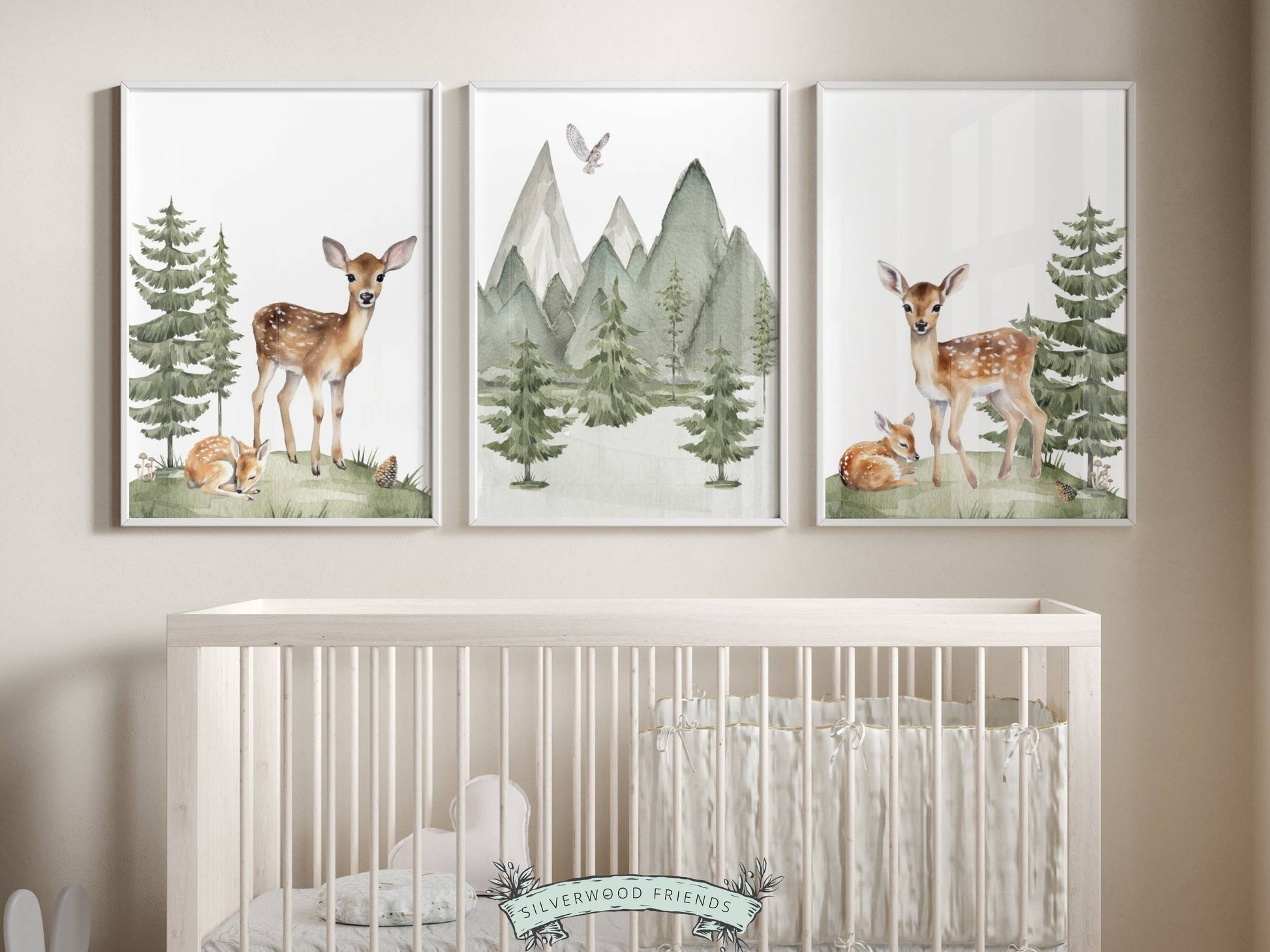 Our gorgeous Baby Deer Forest Nursery Prints Set of 3 with watercolour baby deers surrounded by woodland forests, will transform your nursery instantly into a calm and cosy space and is perfect for your woodland nursery decor or as a unique baby shower gift.