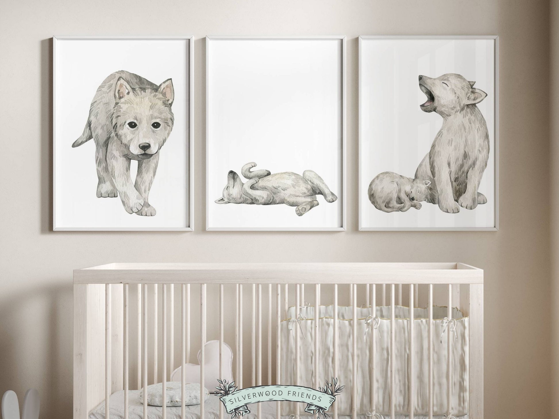 Our cute Baby Wolf Nursery Print Set of 3 is the perfect addition to your baby's wolf nursery decor or woodland nursery. It also makes a thoughtful wolf baby shower gift.