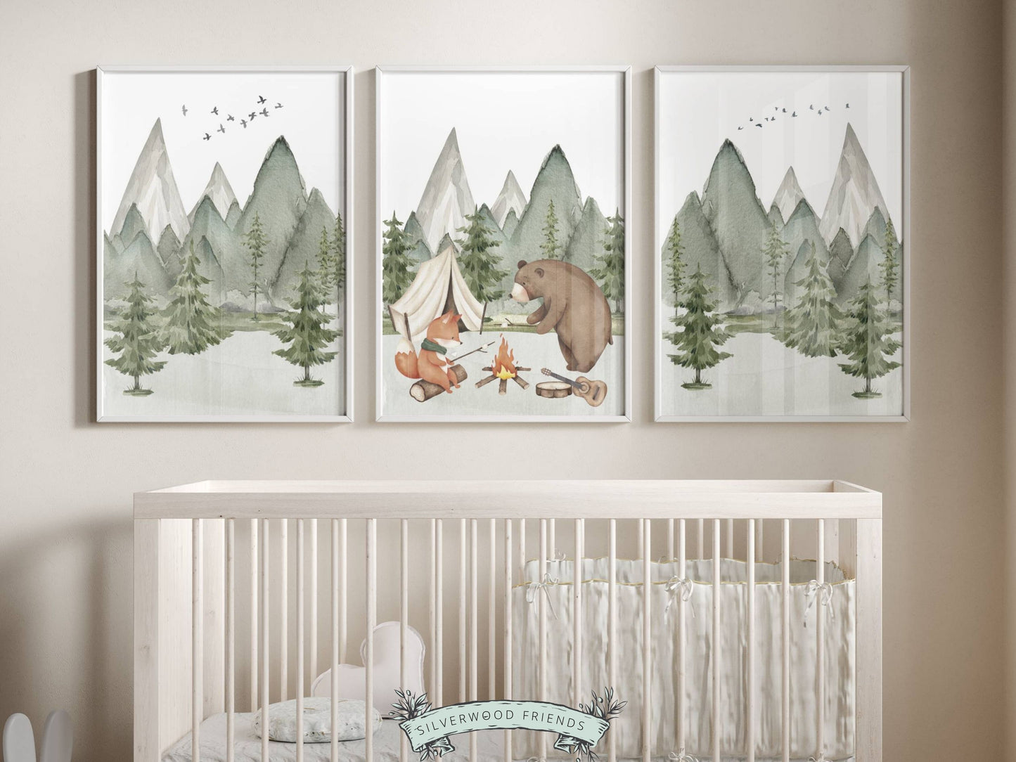 Our adorable baby bear and fox camping nursery prints are the perfect addition to your baby's woodland nursery decor and also make a lovely woodland baby shower gift.