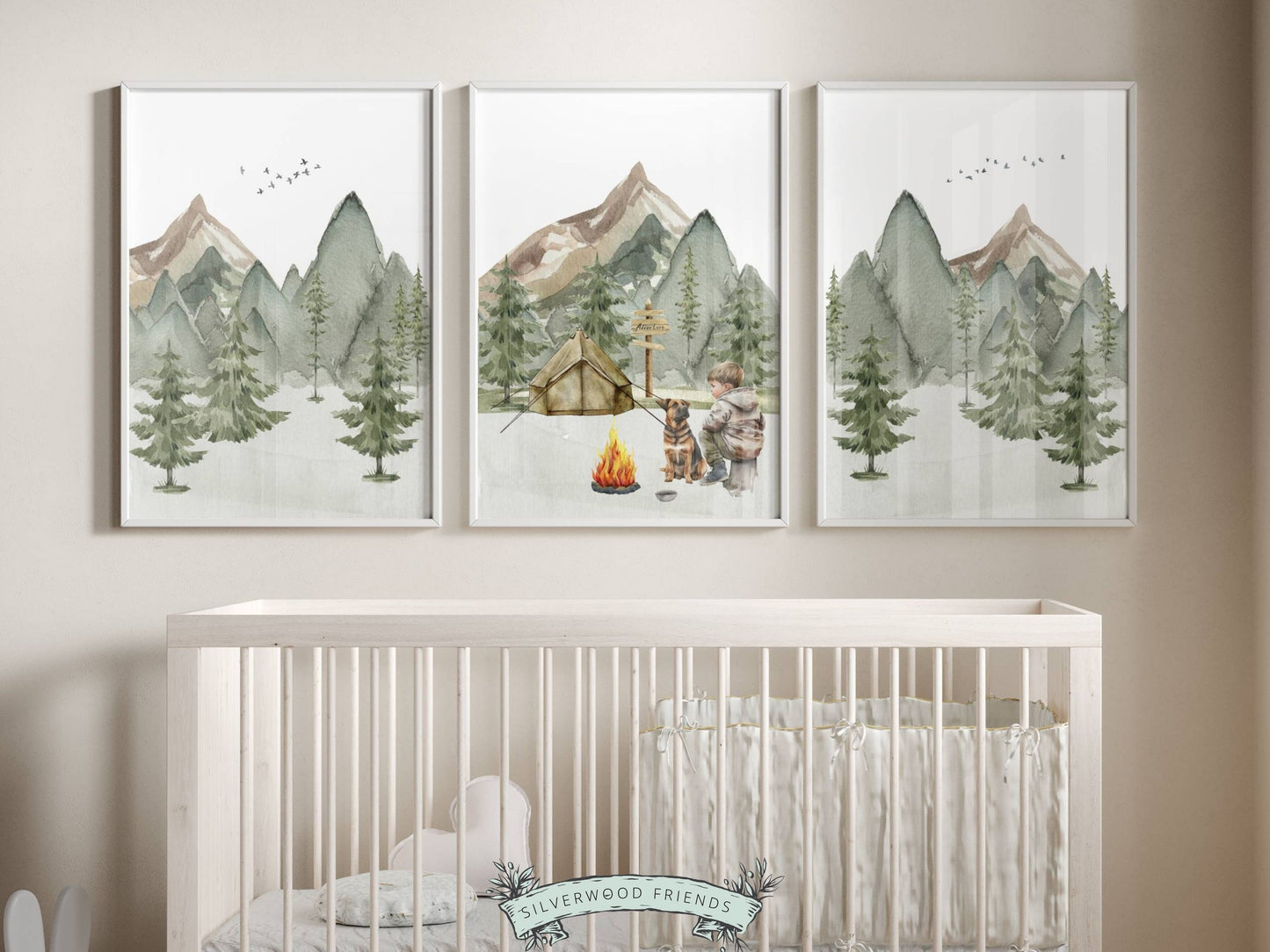 Add a touch of natural wonder to your baby's nursery with our endearing Boy and His Dog Camping Nursery Prints. These watercolour prints showcase a serene forest and mountain landscape, where a little boy and his dog sit by a campfire, making them an ideal choice for a woodland themed nursery or as a beautiful gift for a woodland baby shower.