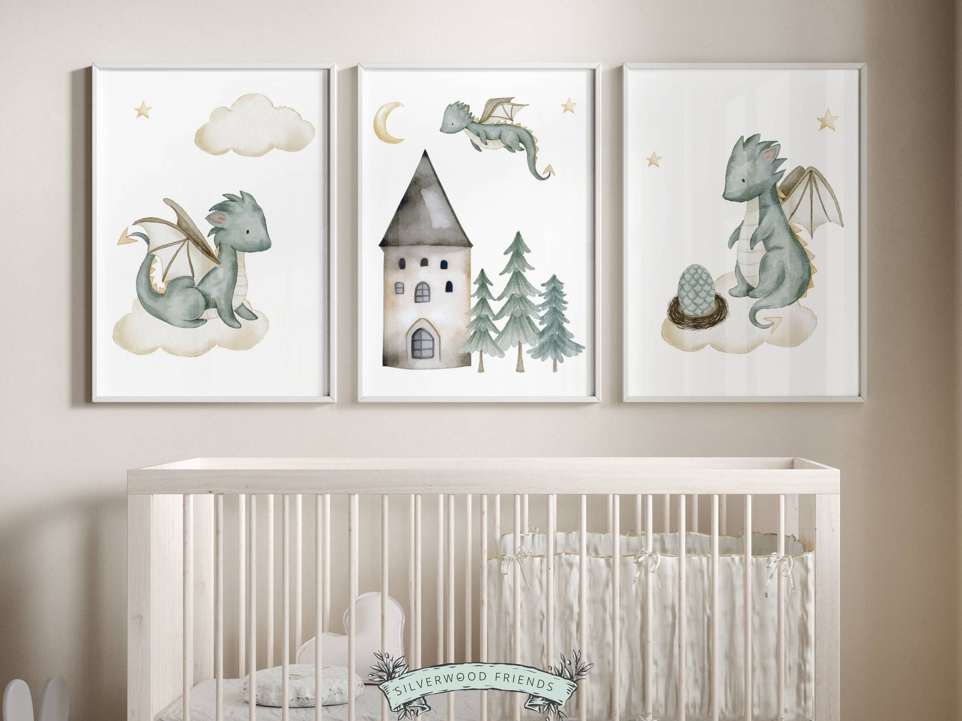 Our Baby Dragon Nursery Prints Set of 3 will spark their imagination and create a calm and cosy atmosphere. Its perfect for your dragon nursery decor or fairytale nursery and part of our BEST SELLING dragon nursery print collection.