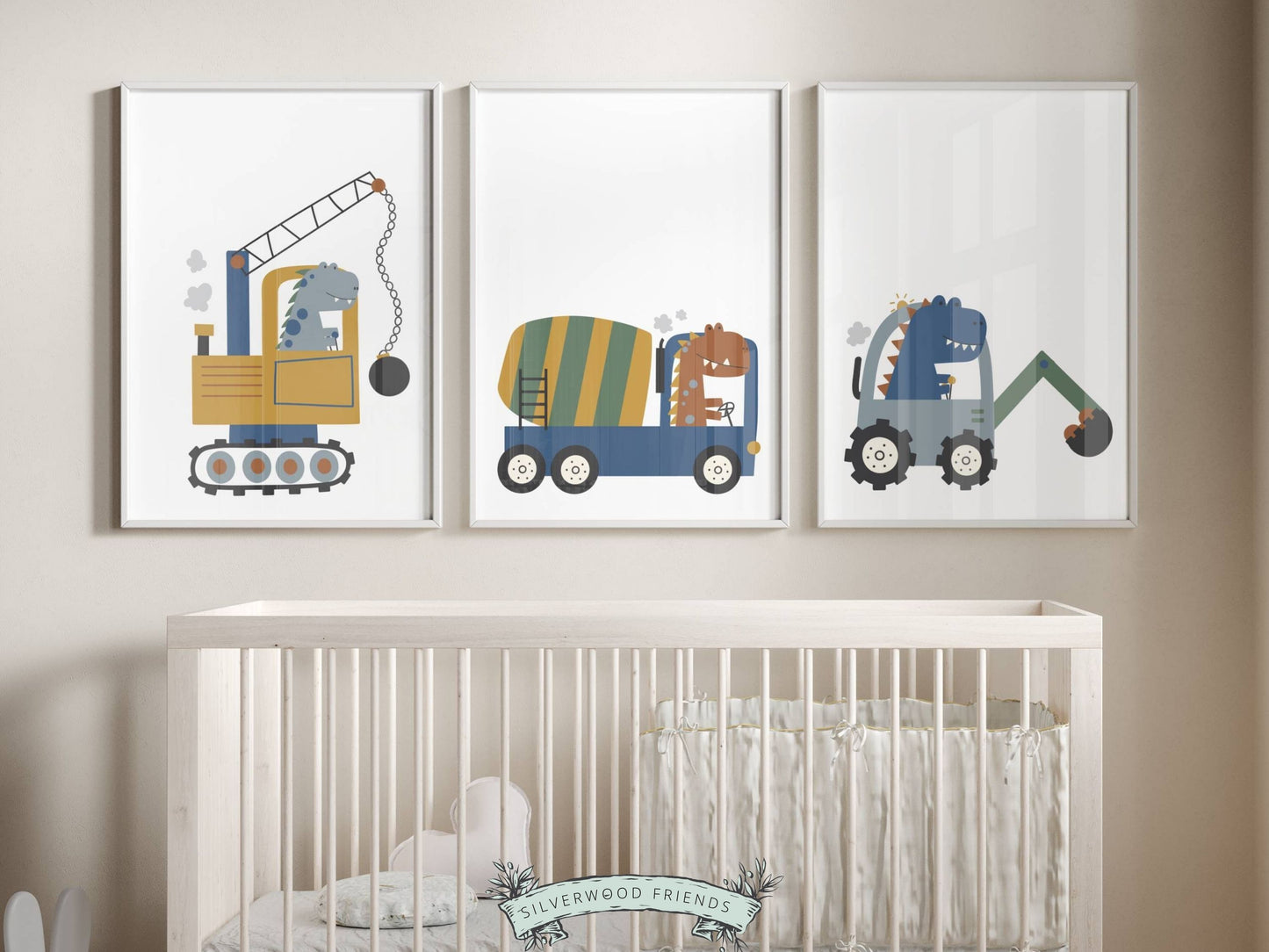 Our delightful Baby Boys Dinosaur Theme Nursery Print Set of 3 features dinosaurs on wheels - the perfect addition to any dinosaur lovers baby boy's nursery decor! Each print showcases a different prehistoric creature driving a different type of digger truck and is perfect for your dinosaur theme nursery or transport theme nursery.