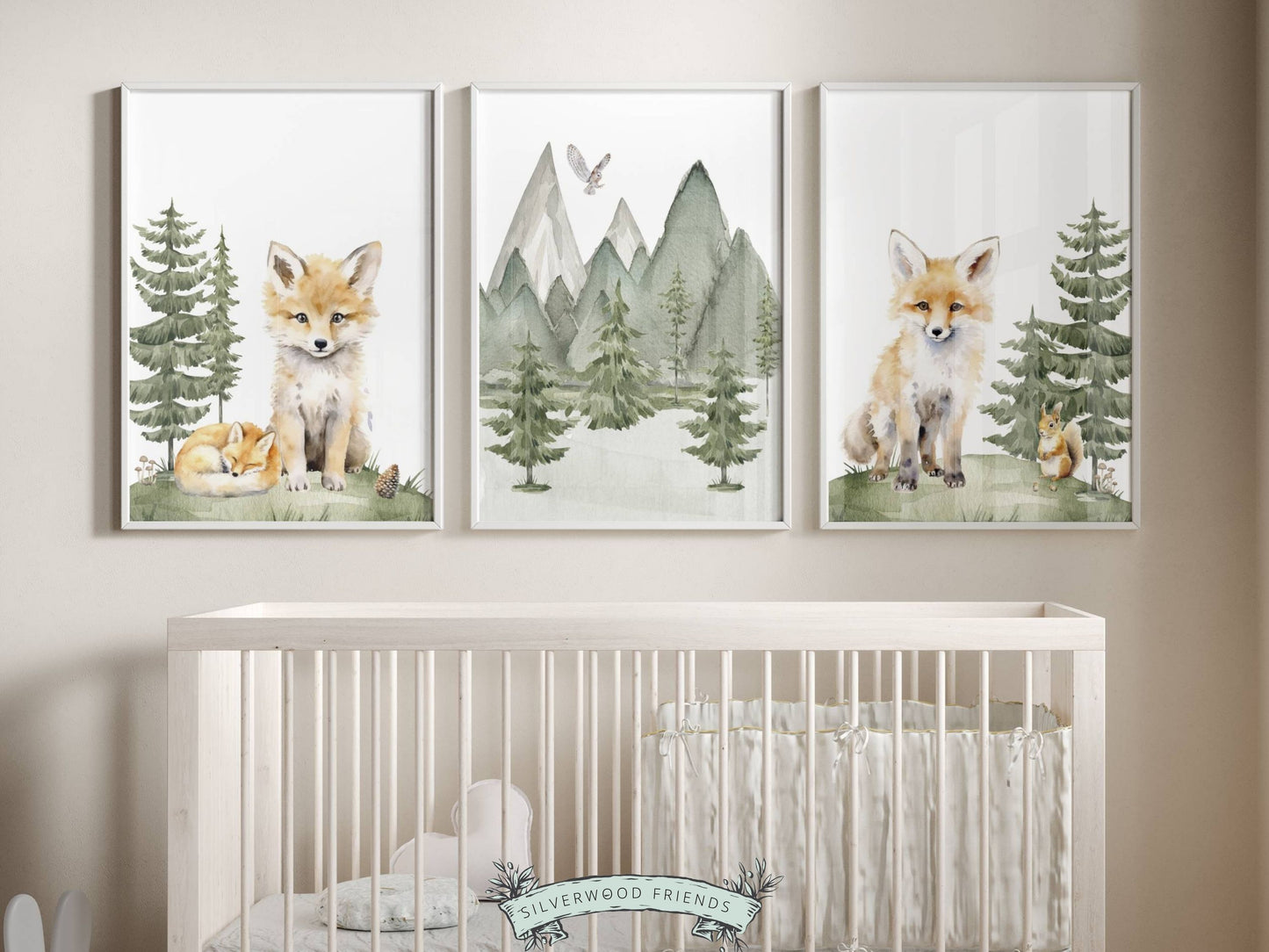 Our cute Set of 3 Baby Fox Nursery Prints featuring watercolour baby fox cubs surrounded by woodland forests is the perfect addition to your baby's woodland nursery decor or nature themed nursery decor and makes a unique woodland baby shower gift.