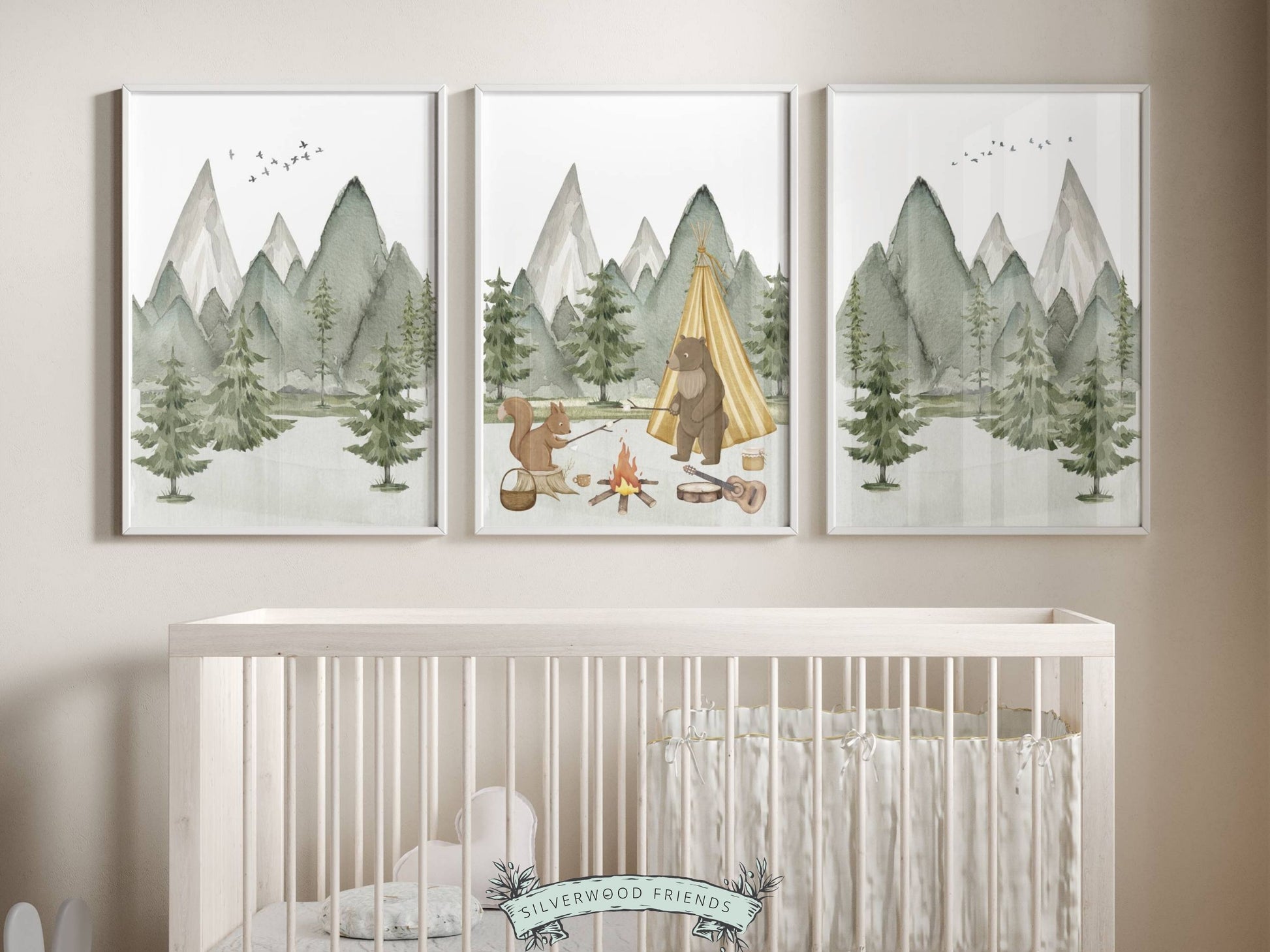 Our adorable bear and squirrel camping nursery prints are the perfect addition to your baby's woodland nursery decor and also make a lovely woodland baby shower gift.