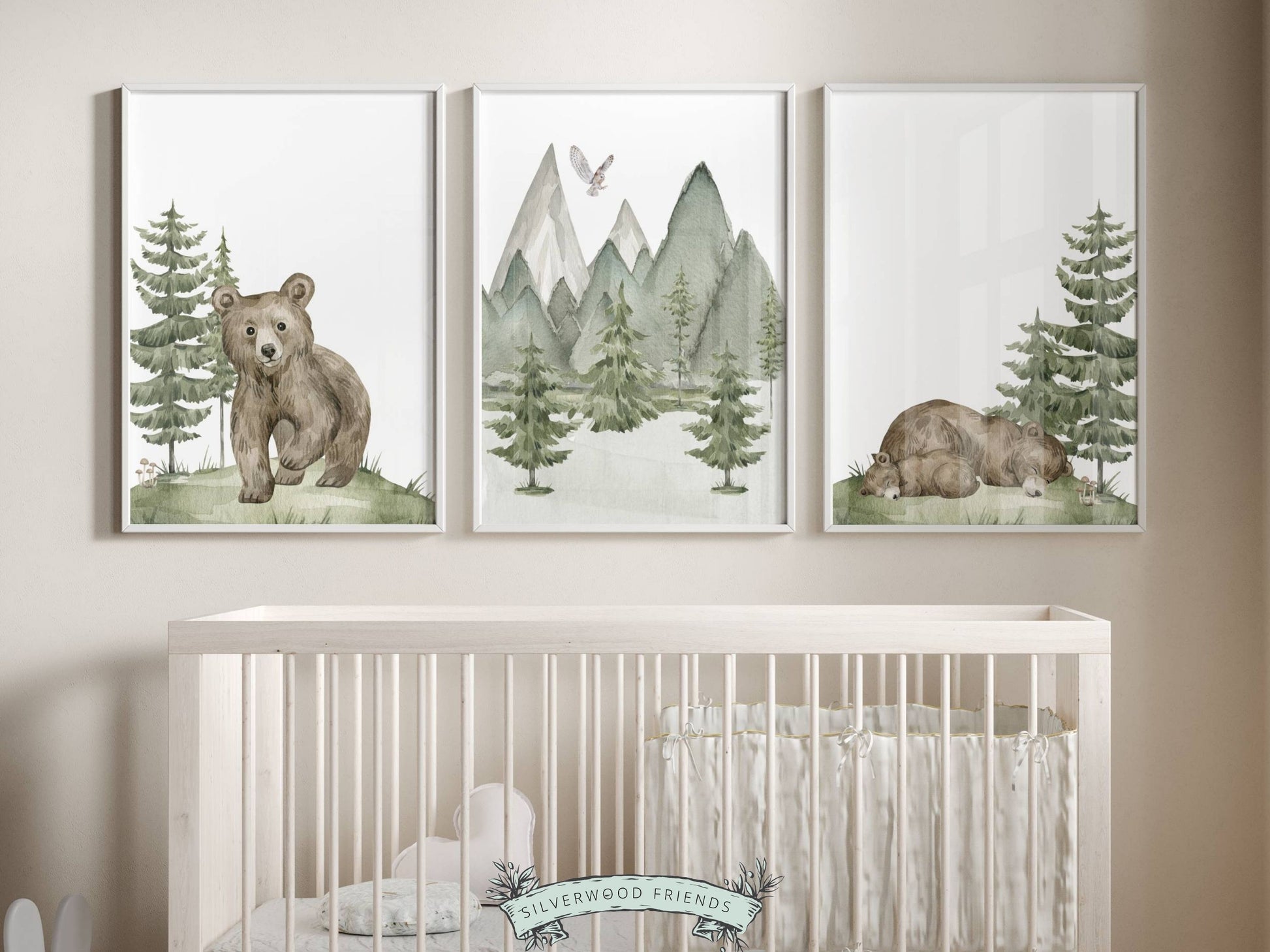 Our adorable Set of 3 Baby Bear Forest Nursery Prints are the perfect addition to your baby's woodland nursery decor or nature themed nursery decor and part of our ORIGINAL and BEST SELLING Baby Bear Nursery Prints Collection.