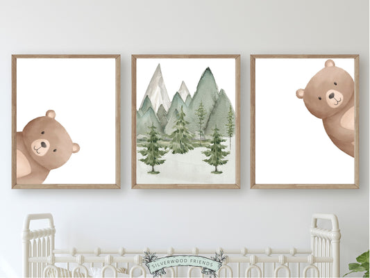 Our delightful minimalist Set of 3 Peeking Bear Forest Nursery Prints features adorable peeking brown bears and a woodland forest landscape. It's perfect for your bear nursery decor or woodland nursery.