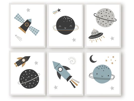 Transform your baby boys nursery decor into a realm of cosmic wonder with our enchanting Set of 6 Monochrome Space Nursery Prints featuring planets, rockets, moon, stars, and spaceships, igniting creativity and fostering boundless imagination in your little one.