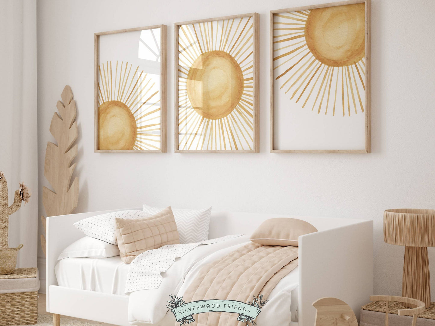 Add a touch of celestial charm to your boho nursery decor with our enchanting Set of 3 Boho Sun Nursery Prints, showcasing a watercolour rising sun, full sun, and sunset, designed to bring a gender-neutral and captivating ambiance to your little one's space.