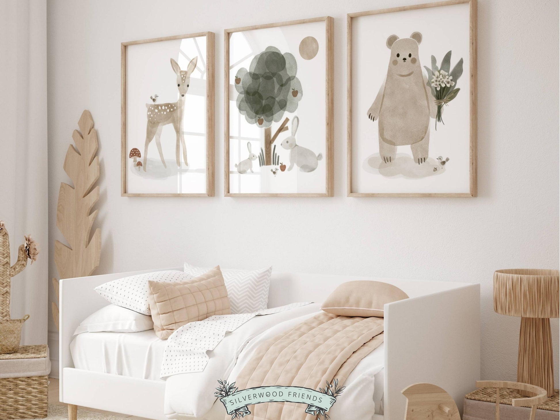 Our Set of 3 Boho Woodland Animal Nursery Prints featuring adorable watercolour woodland animals and boho elements, will instantly transform your boho nursery decor and is perfect as a new baby gift for a woodland baby shower or boho baby shower gift.