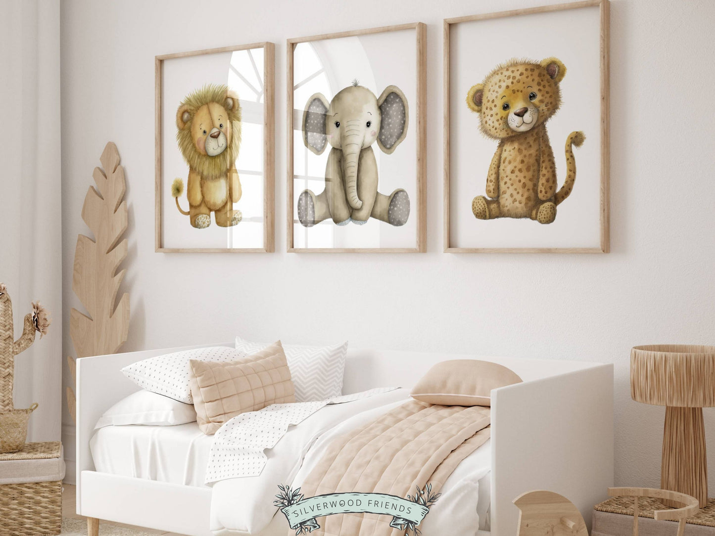 Our delightful Set of 3 Baby Safari Animal Nursery Prints, showcases adorable watercolour boho safari animals including lion, elephant and cheetah, creating the perfect addition to your safari nursery or jungle-themed nursery decor.