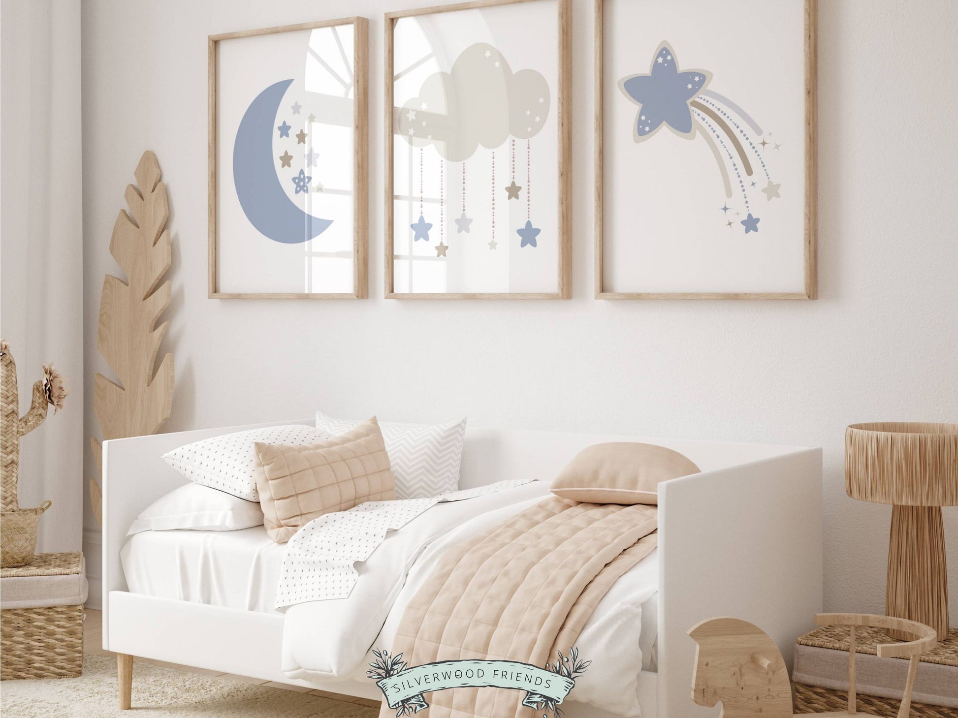 Our Cloud Moon Star Nursery Prints, featuring a moon, cloud and shooting stars will create a harmonious and dreamy atmosphere in your baby's nursery and also makes the perfect gender neutral baby shower gift.