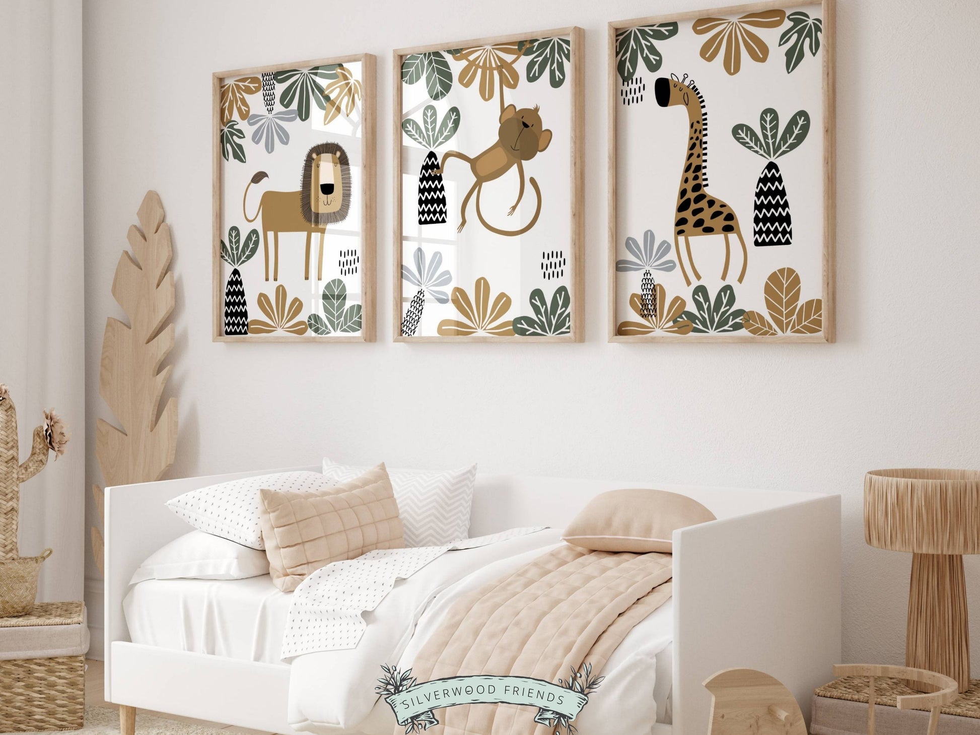 Our Boho Safari Jungle Prints with jungle animals lion, monkey and giraffe is set on a white background with tropical leaves frame, and is perfect for your jungle nursery decor or as a safari baby shower gift.