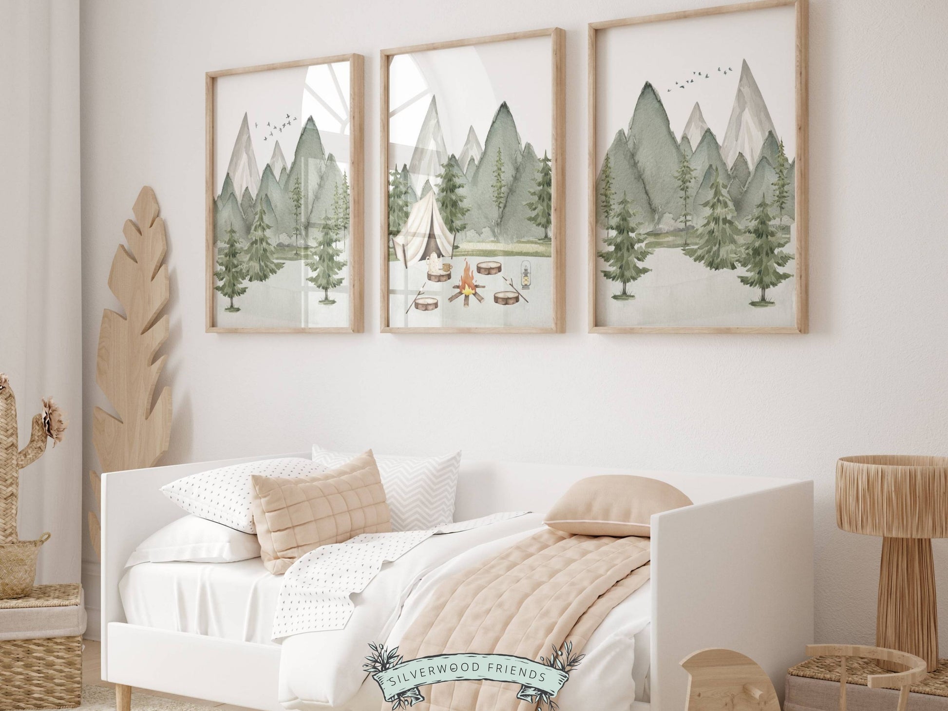 Our Camping Nursery Prints Set of 3 featuring watercolour campsite and forest mountain landscape is the perfect addition to your baby's woodland nursery decor and also makes a lovely woodland baby shower gift.