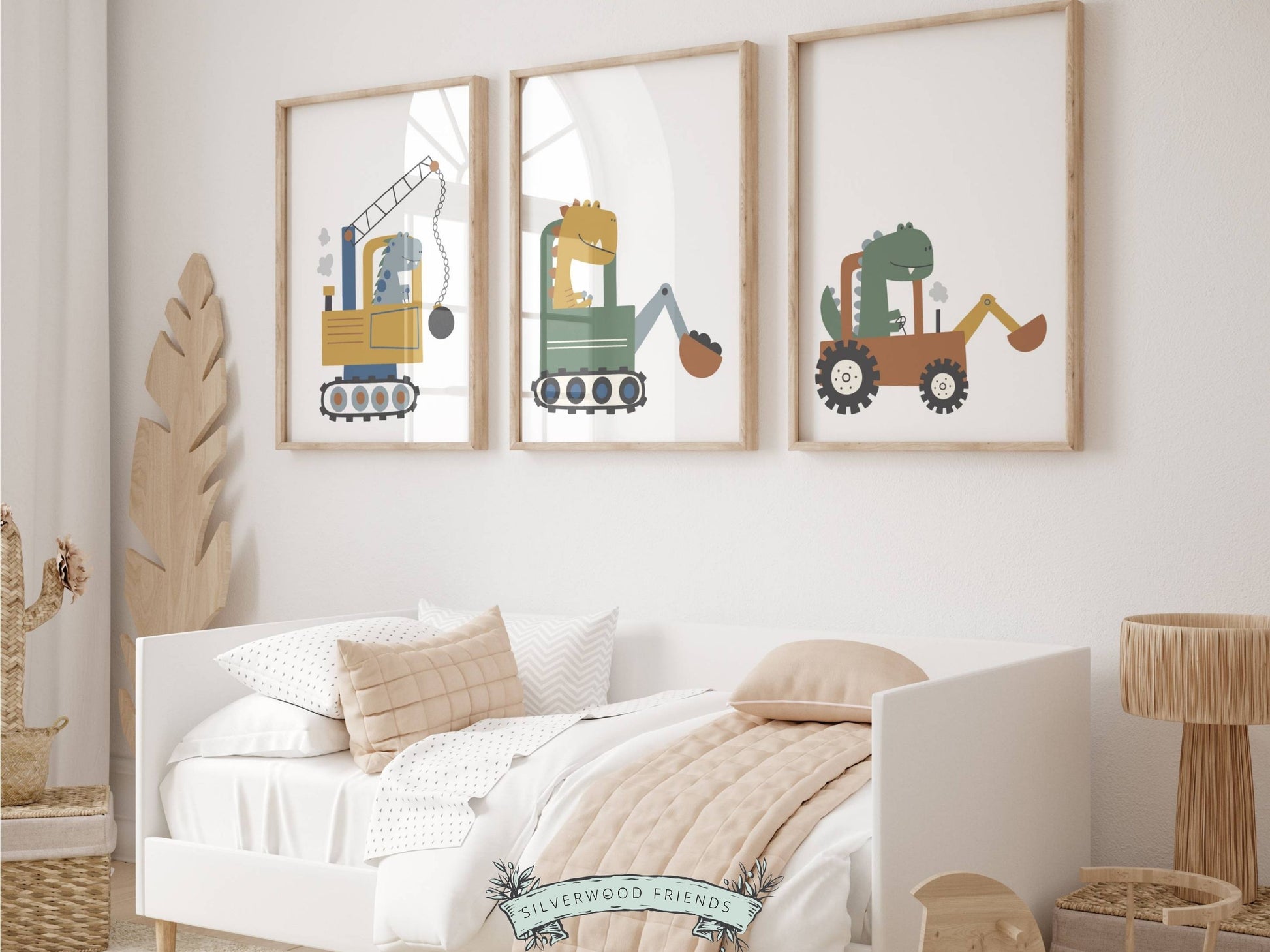 Our delightful Baby Boys Dinosaur Theme Nursery Print Set of 3 features dinosaurs on wheels - the perfect addition to any dinosaur lovers baby boy's nursery decor! Each print showcases a different prehistoric creature driving a different type of digger truck and is perfect for your dinosaur theme nursery or transport theme nursery.