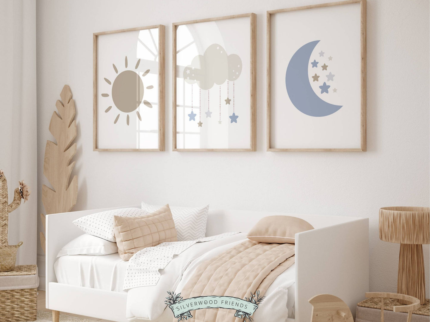 Our Cloud Moon Sun Nursery Prints, features a sun, moon, cloud and stars and will create a harmonious and dreamy atmosphere in your little one's nursery and also makes the perfect gender neutral baby shower gift.