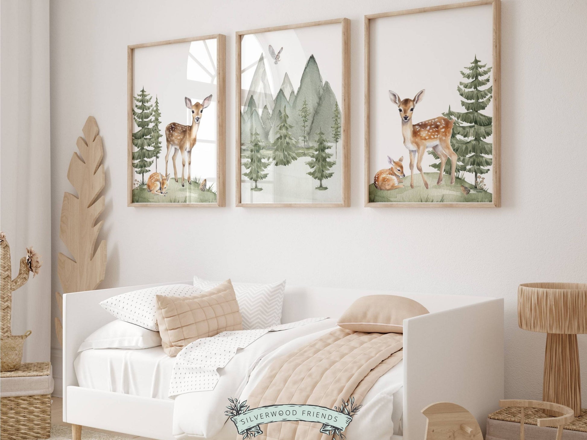 Our gorgeous Baby Deer Forest Nursery Prints Set of 3 with watercolour baby deers surrounded by woodland forests, will transform your nursery instantly into a calm and cosy space and is perfect for your woodland nursery decor or as a unique baby shower gift.