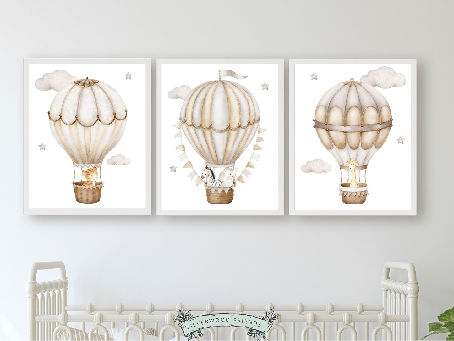 Let their imagination soar with our Hot Air Balloon Nursery Prints featuring watercolour safari animals in hot air balloons in a calming neutral colour palette. Perfect for your safari nursery decor or transport nursery and also makes a unique gender neutral baby shower gift.