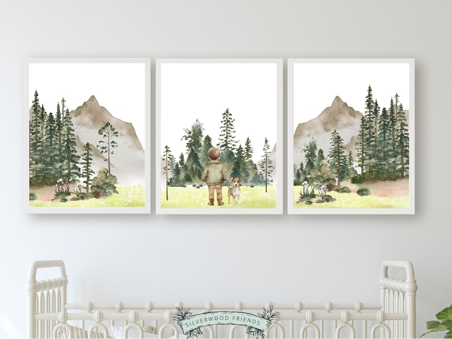 Our adorable Boys Hiking Nursery Prints featuring watercolour woodland forest and mountain landscape with a boy and his dog, is the perfect addition to your baby's woodland nursery decor and also makes a unique baby shower gift.