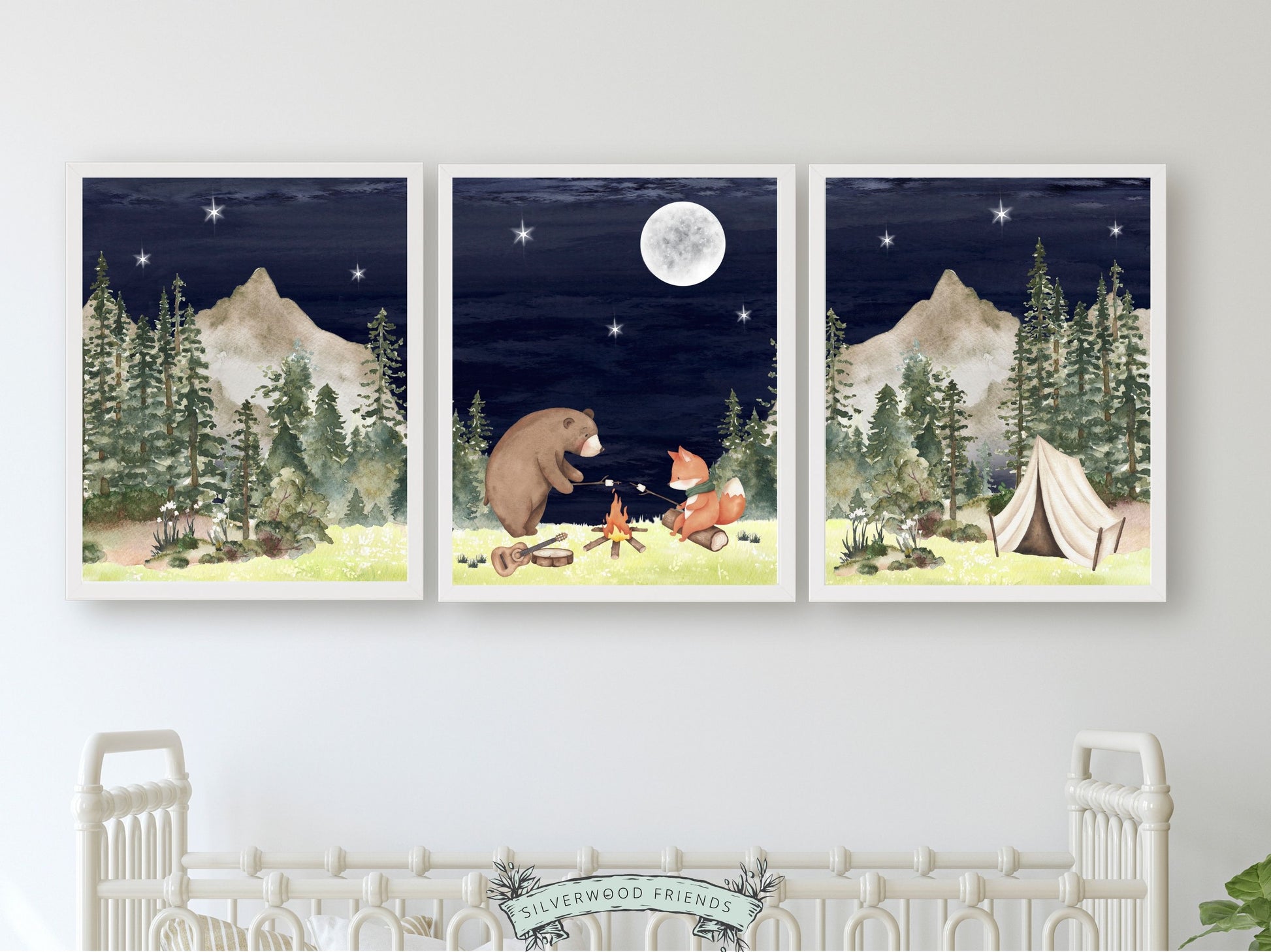 Our adorable baby bear and fox Camping Animals Nursery Prints featuring watercolour woodland forest and mountain landscape with a bear and fox by a campfire at night, are the perfect addition to your baby's woodland nursery decor and also make a lovely woodland baby shower gift.