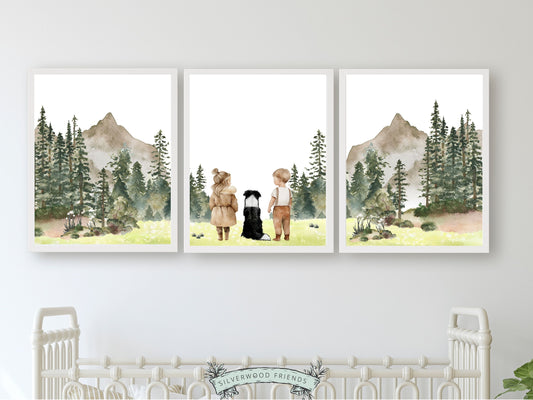 Our adorable Adventure Nursery Prints featuring watercolour woodland forest and mountain landscape with a little girl, a boy and their dog, is the perfect addition to your baby's woodland nursery decor and also makes a unique baby shower gift.