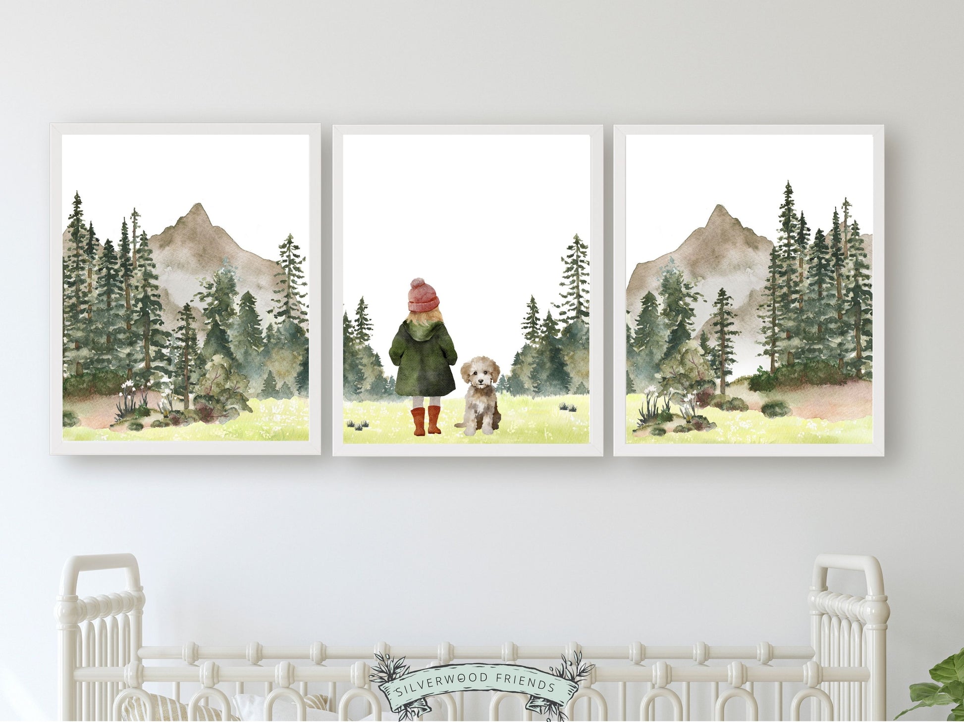 Our adorable Girls Hiking Nursery Prints featuring watercolour woodland forest and mountain landscape with a girl and her dog, is the perfect addition to your baby's woodland nursery decor and also makes a unique baby shower gift.